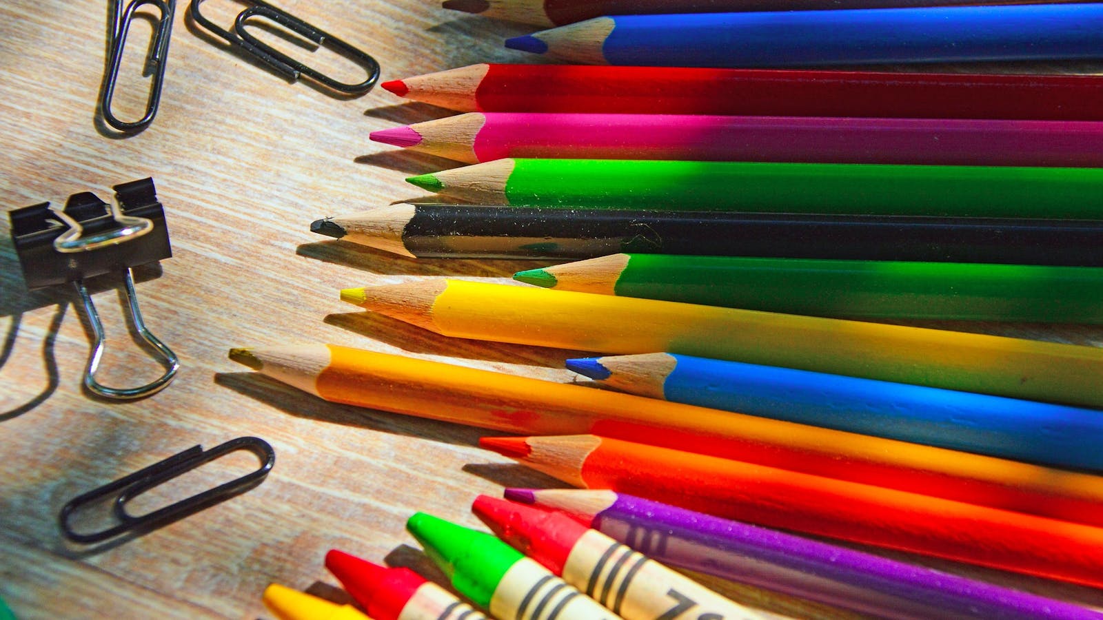 Colored pencils and school supplies.