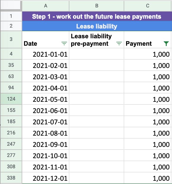The first step to calculating the lease liability is to determine the known future lease payments from either commencement or transition to the new lease accounting standard.