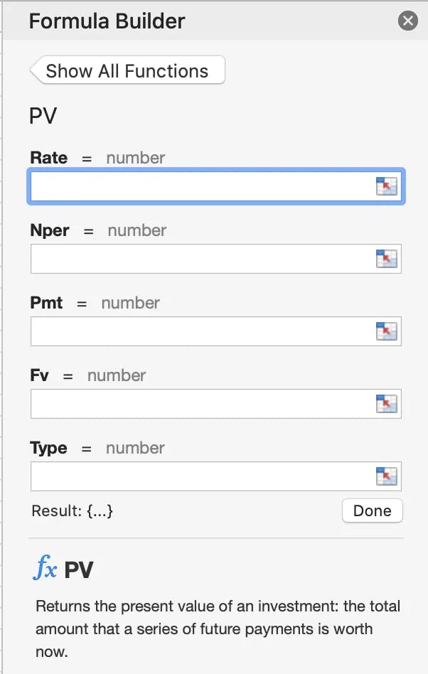 Formula Builder in Microsoft Excel for the Present Value Formula