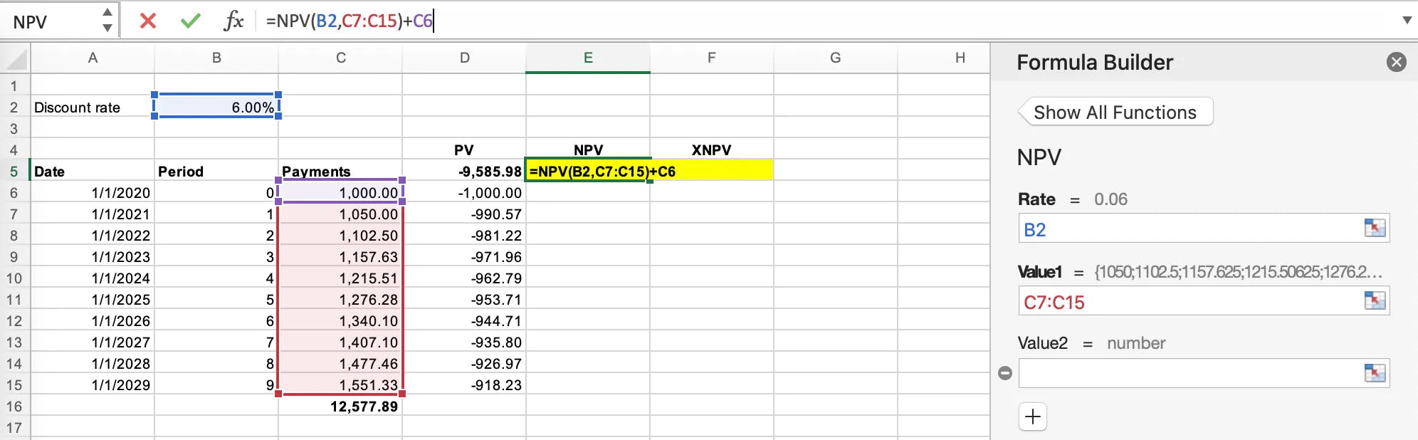 Application of the Net Present Value formula in Microsoft Excel