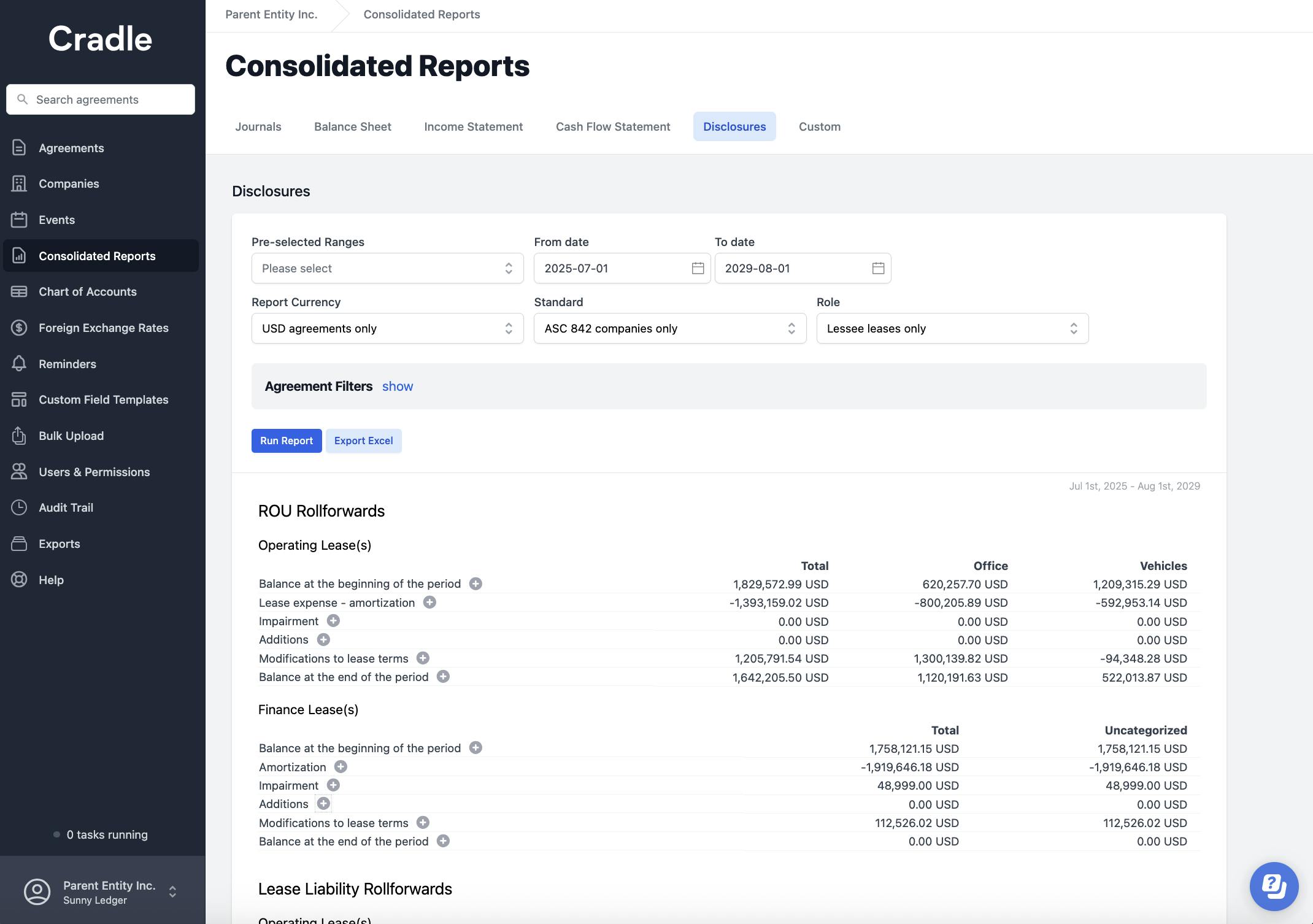 All of the required note disclosures are automated by using Cradle
