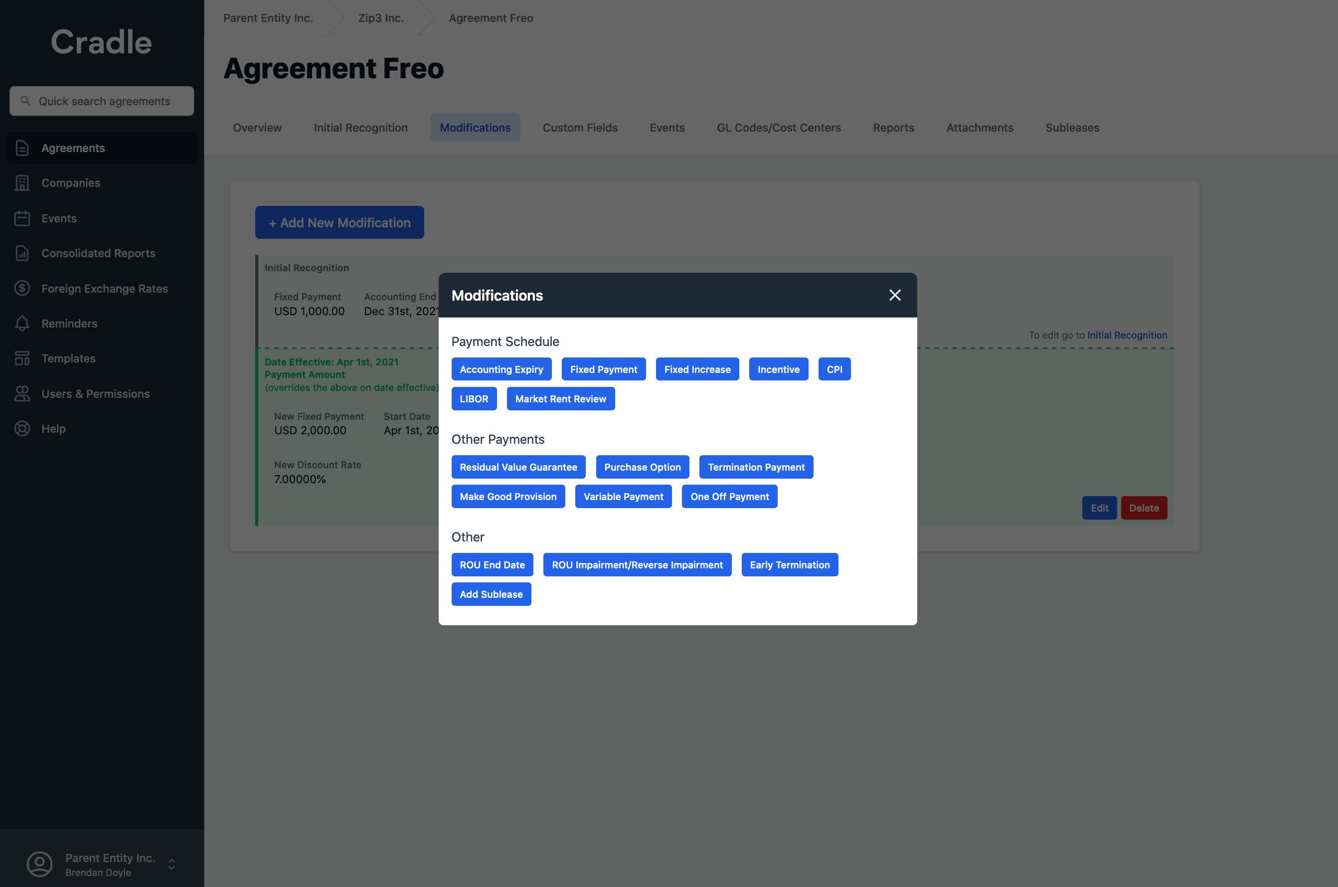 Cradle's modification screen diplaying the potential lease accounting modifications 