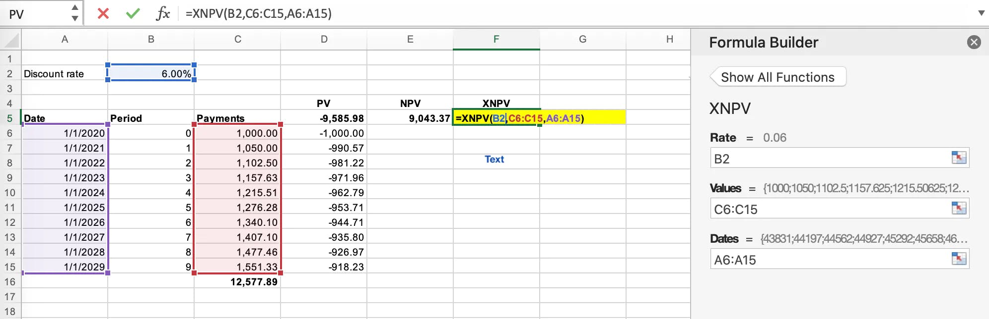 Application of the XNPV formula in Microsoft Excel