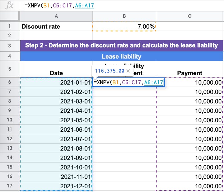 The discount rate is the third input into the XNPV excel formula to calculate the lease liability.