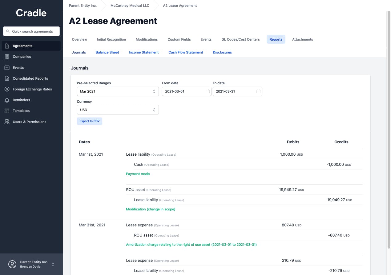 Cradle will automate all the debits and credits related to lease accounting