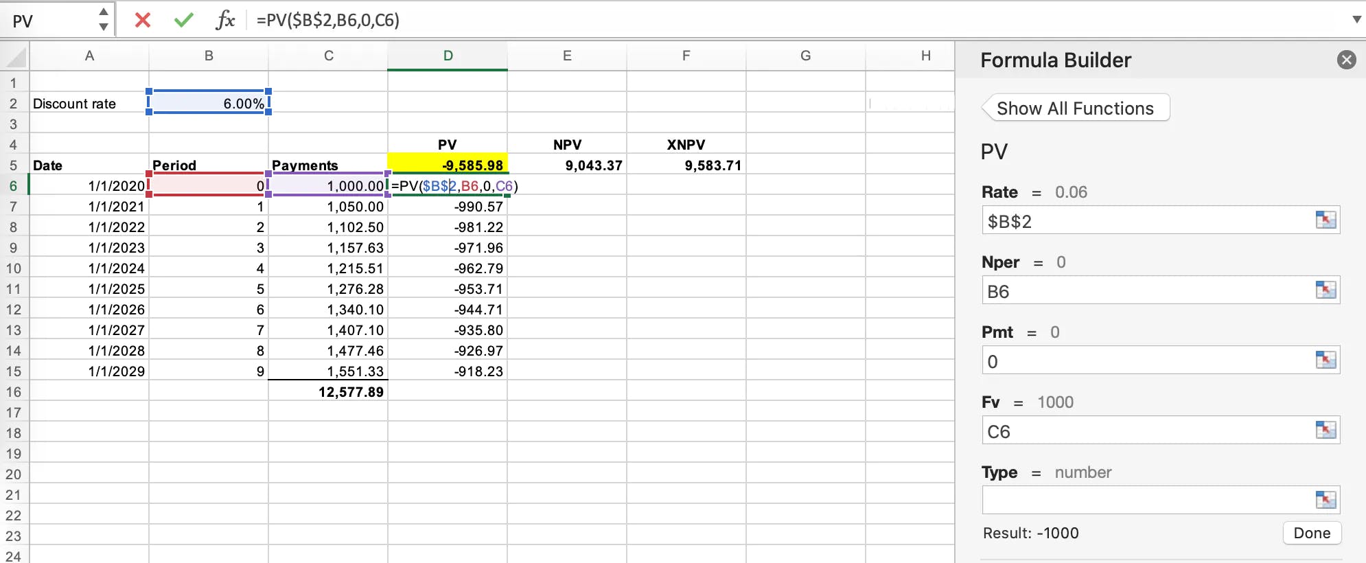Application of the present value formula in Microsoft Excel