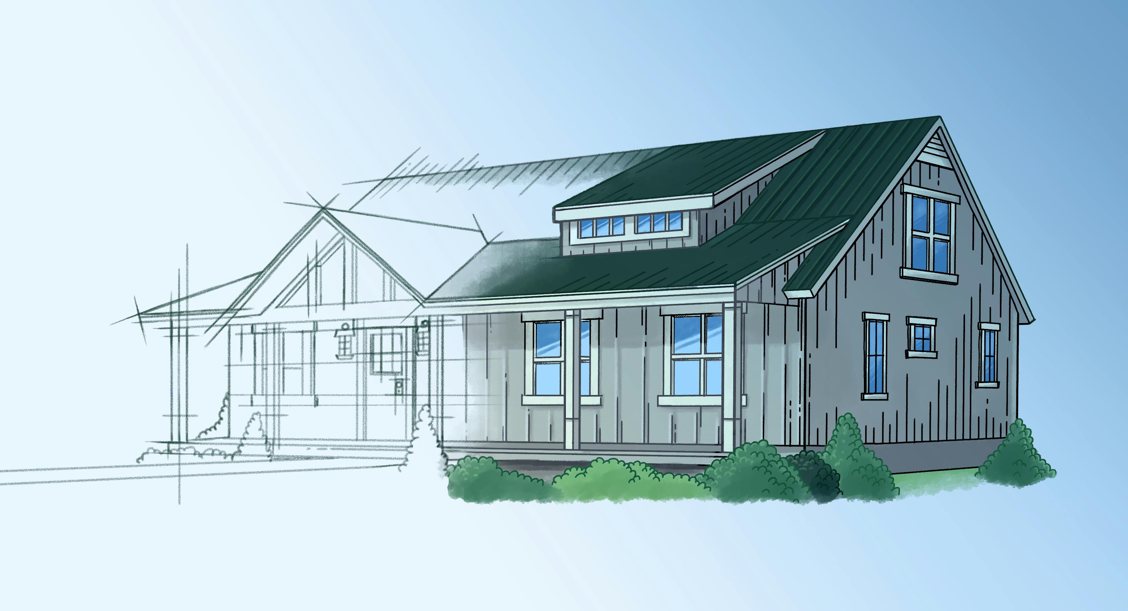 Half-finished sketch of new home exterior design from Craft Home Plans