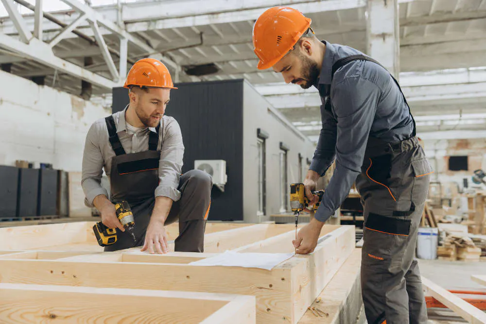 Modular home workers assemble a box floor
