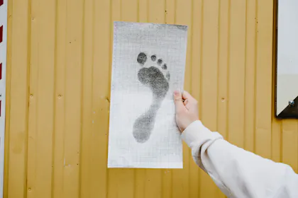 Frau hält Fußabdruck in die Luft