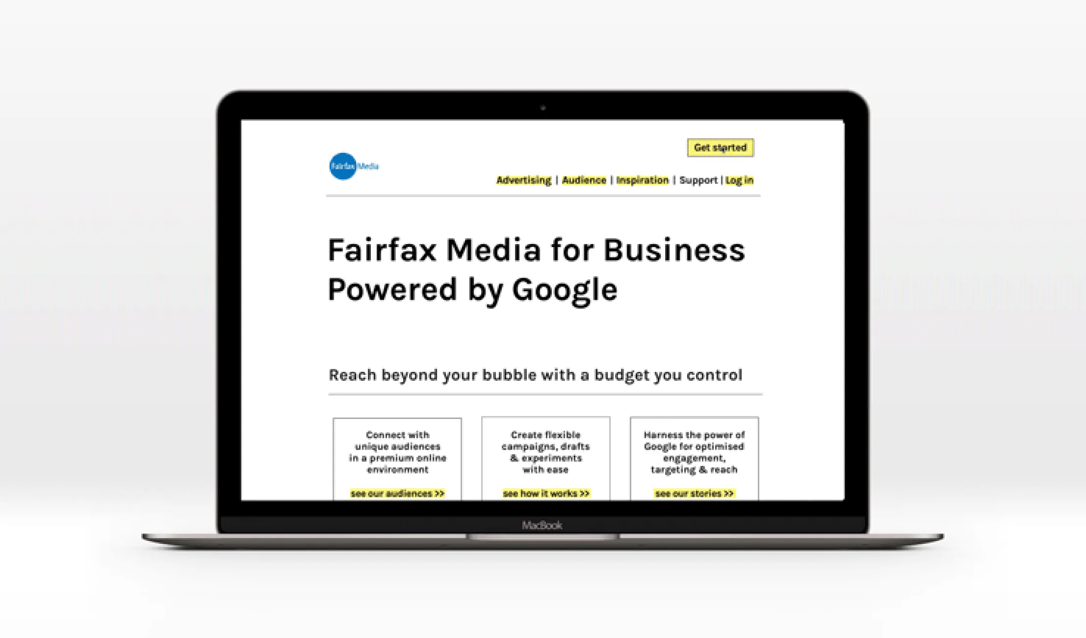 A laptop screen showing the Fairfax Media for Business platform, co-branded with Google. The interface highlights the headline “Fairfax Media for Business Powered by Google” and the tagline “Reach beyond your bubble with a budget you control.” Three feature boxes below promote audience connection, flexible campaign creation, and Google-powered targeting.