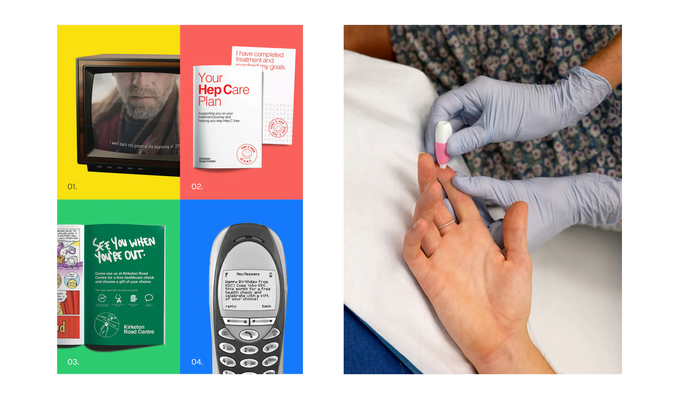 A four-panel layout on bright yellow, red, green and blue backgrounds shows health promotion materials (a TV screen, a “Your Hep Care Plan” booklet, a “See you when you’re out” brochure and an old mobile phone). To the right, a close-up photo shows gloved hands using a small finger-prick device on someone’s fingertip while their palm faces up. For Designing better harm minimisation services for NSW Health and Kirketon Road Centre (KRC), a project by CraigWalker (CW) a future service studio.