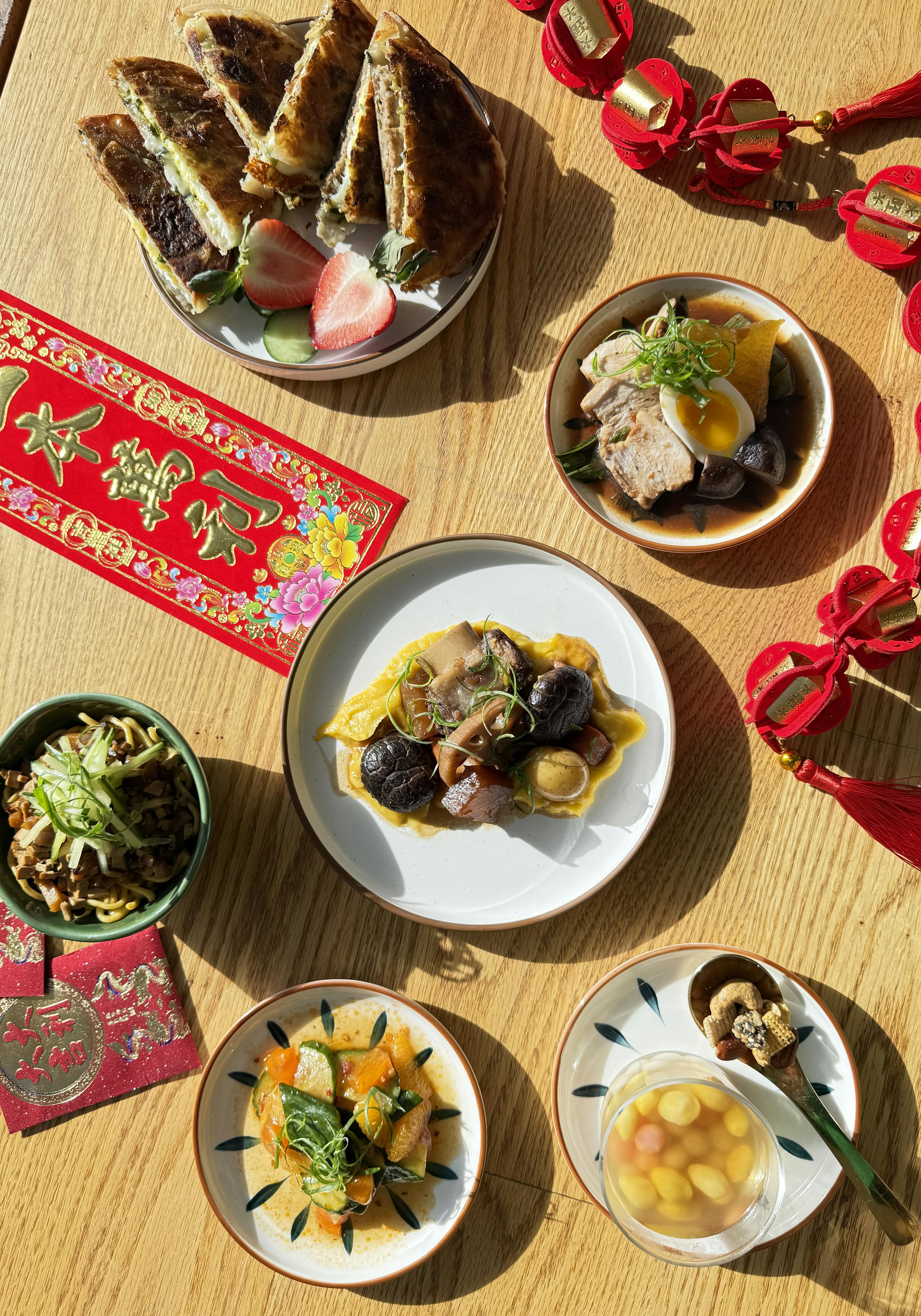 chinese food and chinese new year decorations