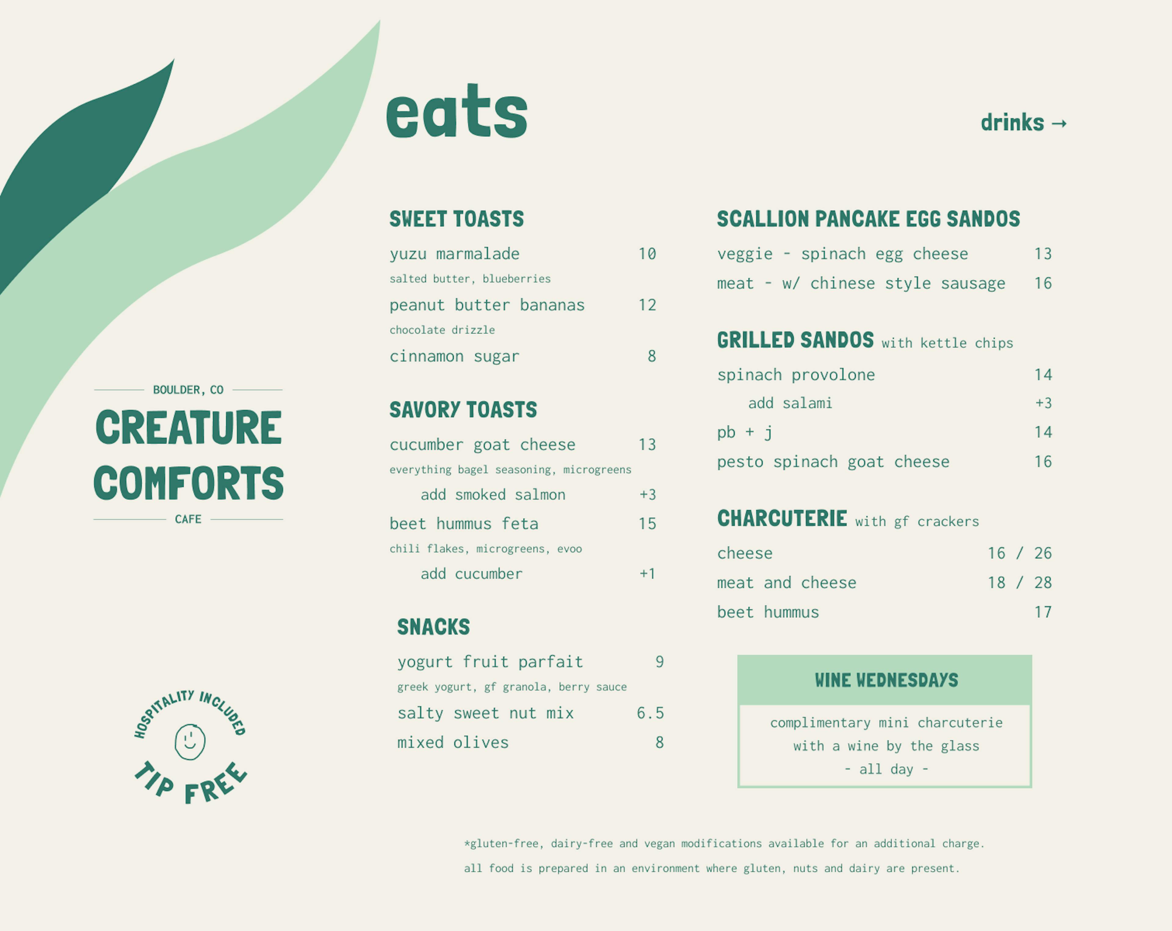 Creature Comforts Cafe Eats Menu