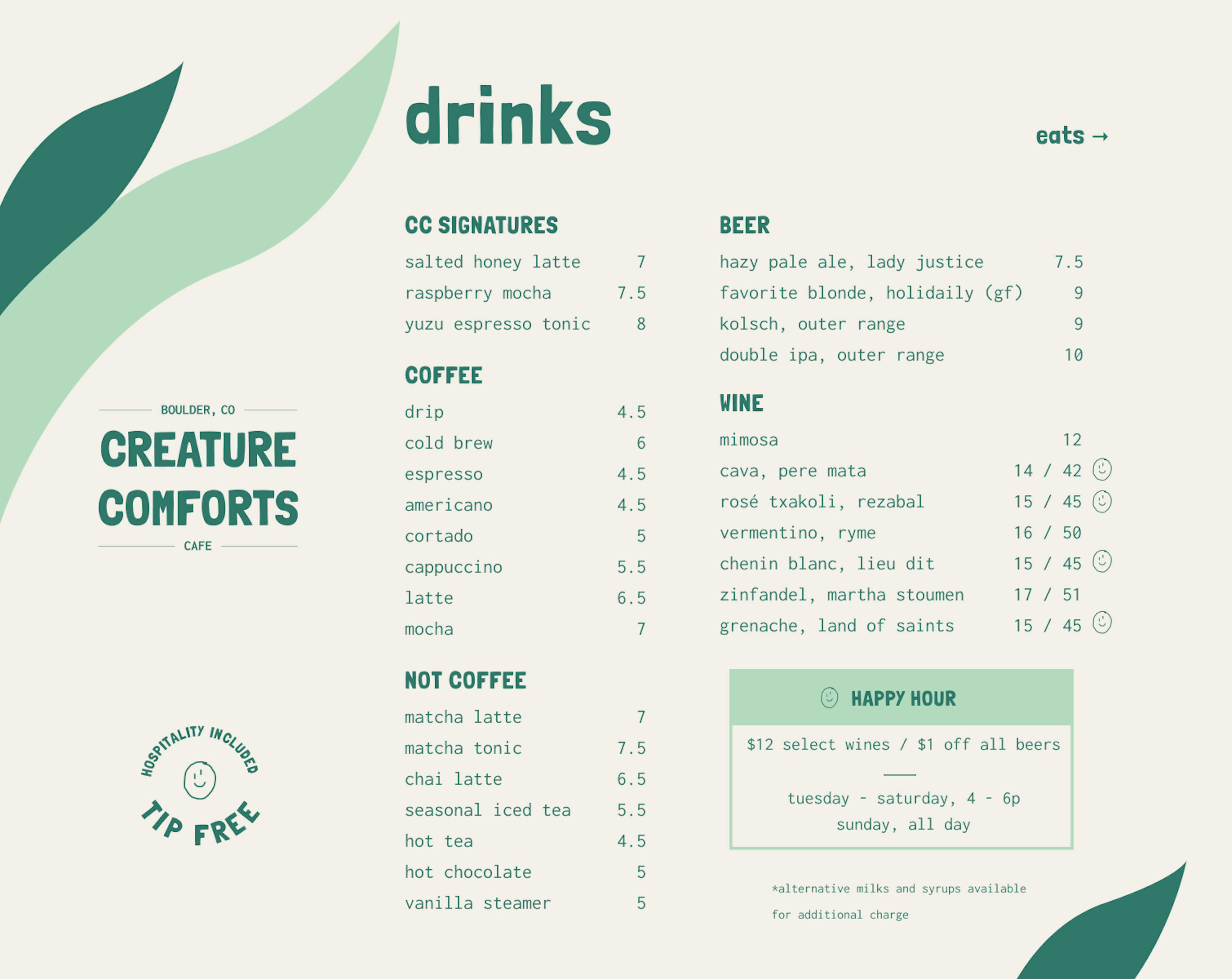 Creature Comforts Cafe Drinks Menu