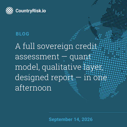 A full sovereign credit assessment — quant model, qualitative layer, designed report — in one afternoon