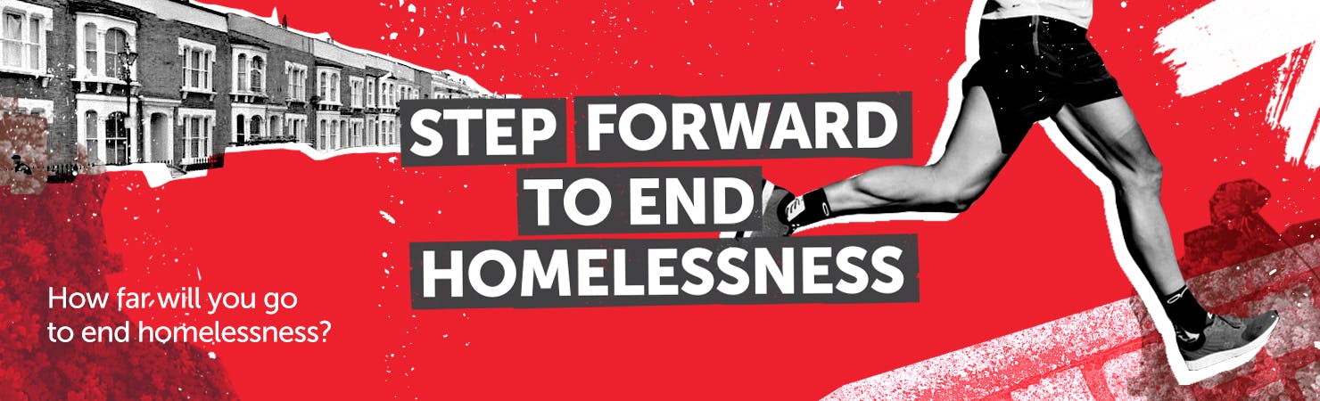 Step Forward to End Homelessness banner - red background, runner over the top.