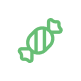 A green line icon of a wrapped candy on a white circular background.