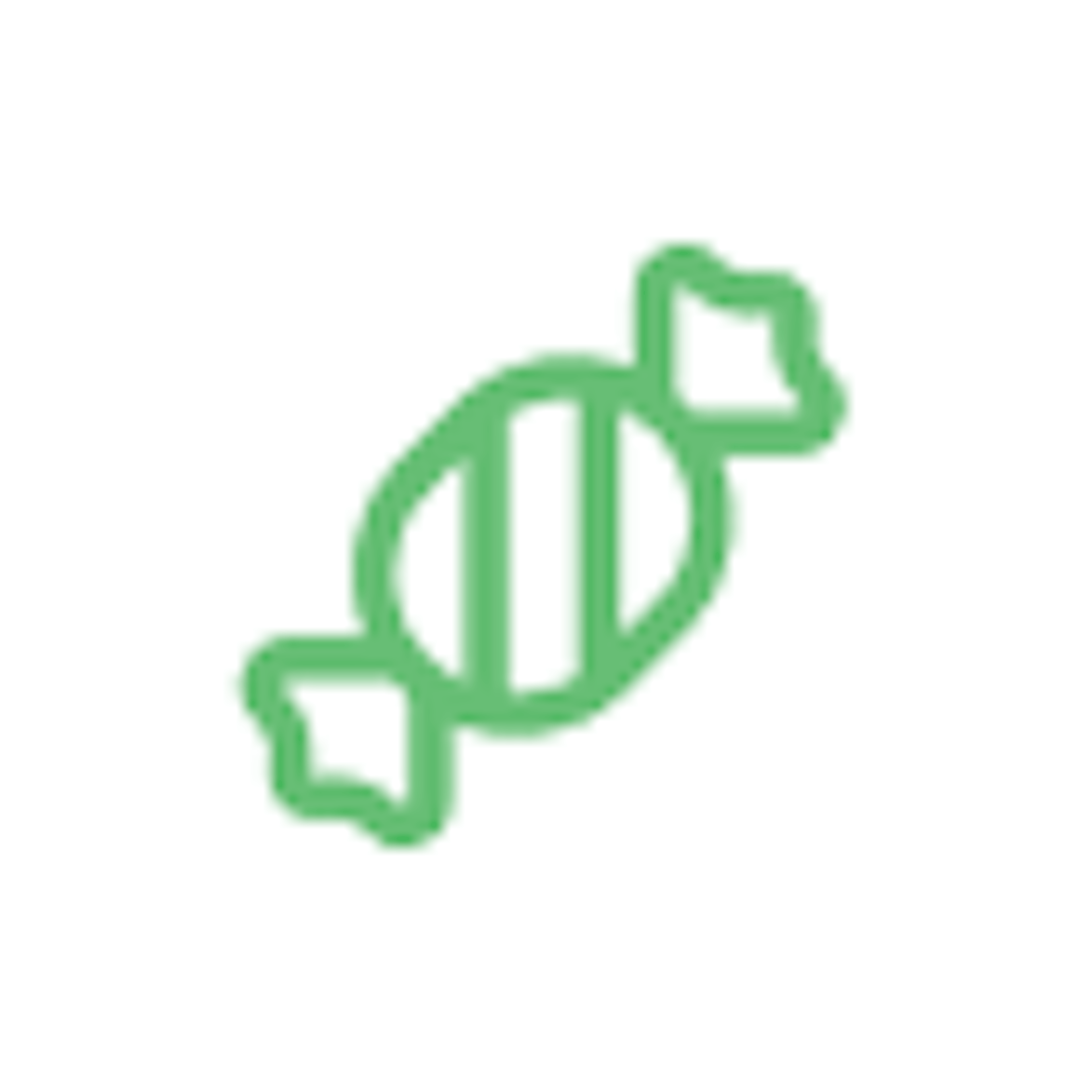 A green line icon of a wrapped candy on a white circular background.

