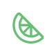 A green line icon of a citrus fruit slice on a white circular background.
