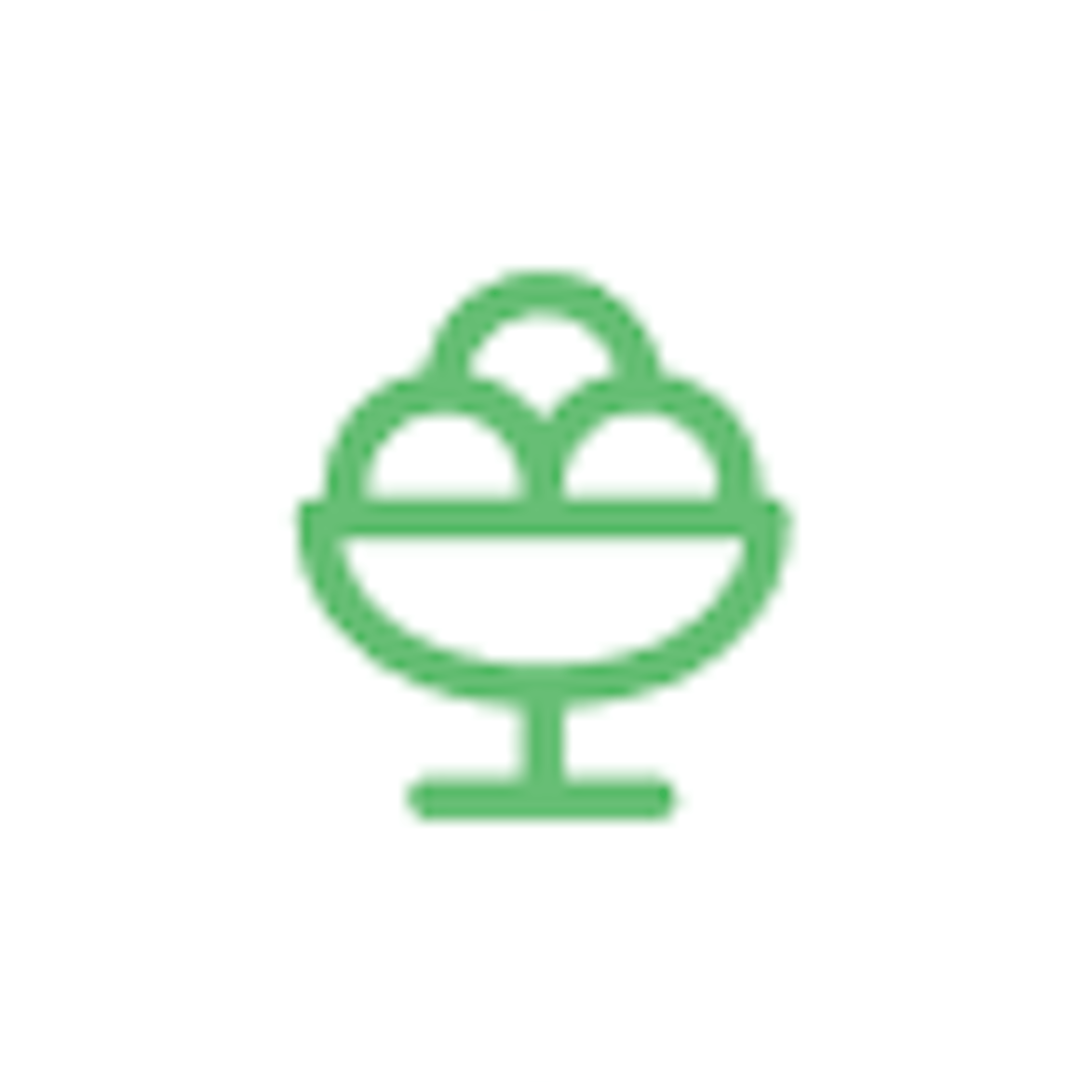 A green line icon of a dessert cup with three scoops of ice cream on a white circular background.

