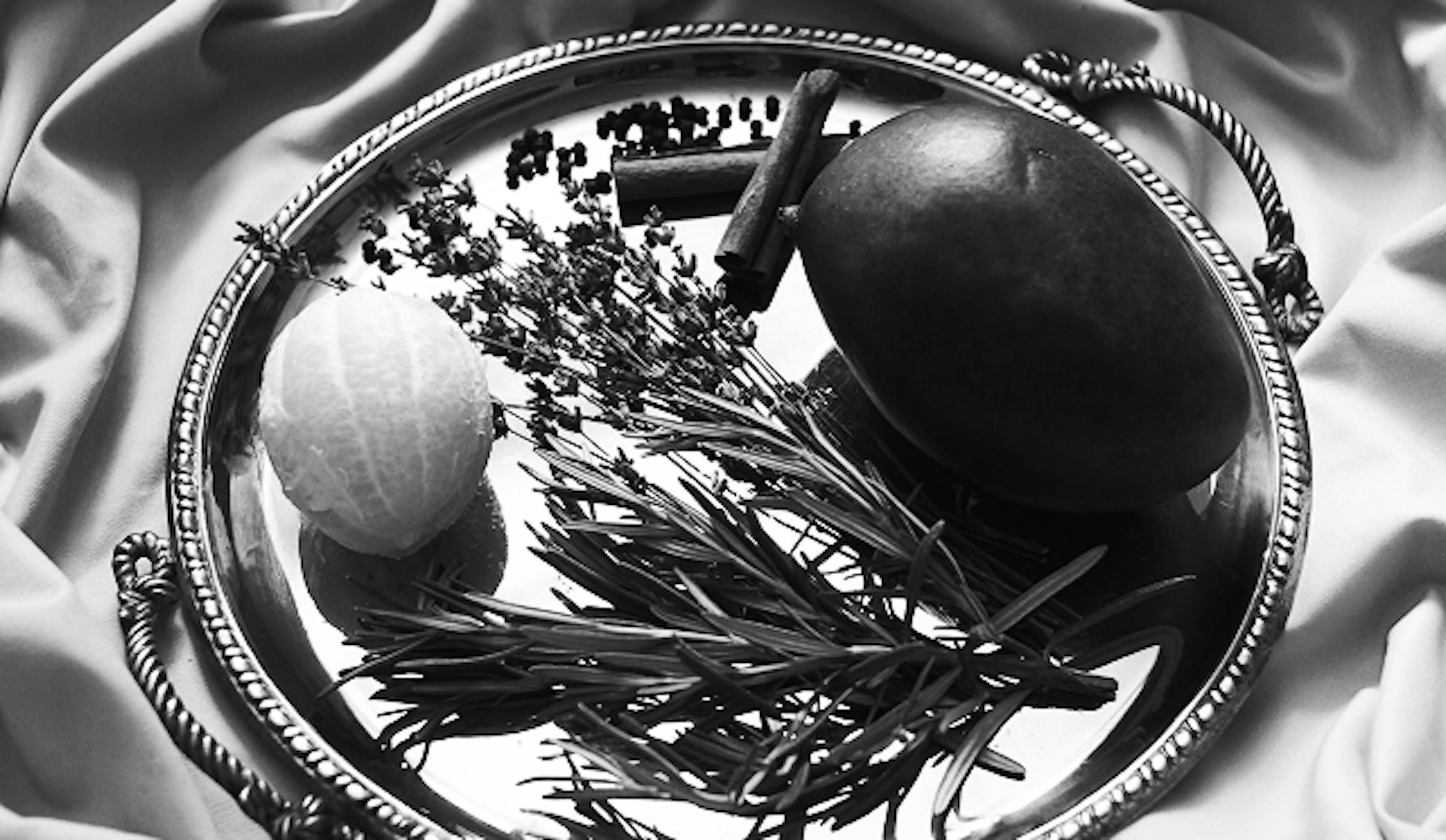 Close-up of a silver tray with natural ingredients including a lemon, dried lavender, cinnamon sticks, peppercorns, and a dark mango, arranged on a silky fabric backdrop.