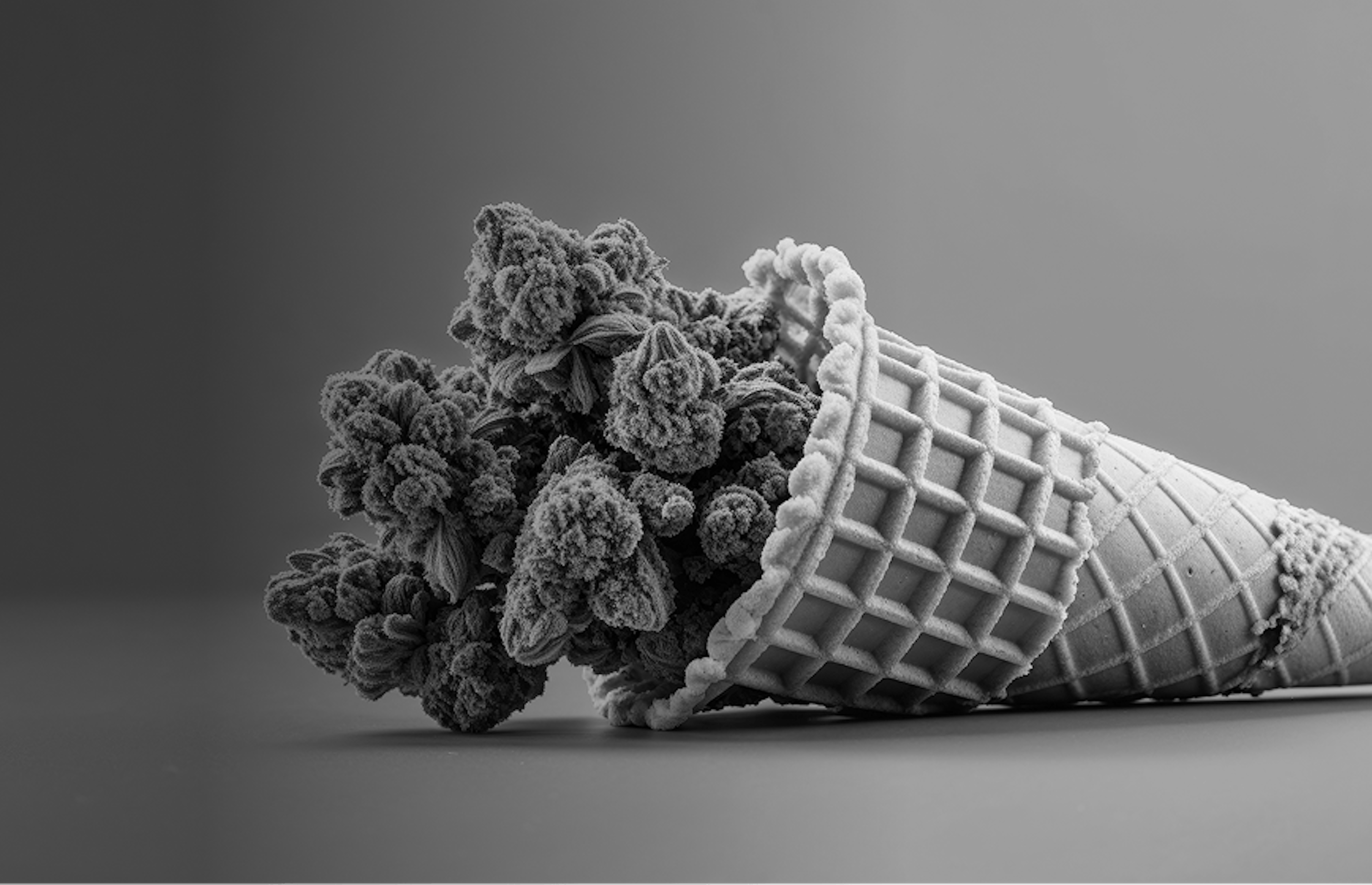 Creative image of cannabis buds arranged in an ice cream cone, symbolizing dessert and cake-flavored terpene profiles