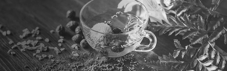 Glass teacup surrounded by loose herbal leaves and blossoms, representing floral and minty terpenes like linalool and humulene
