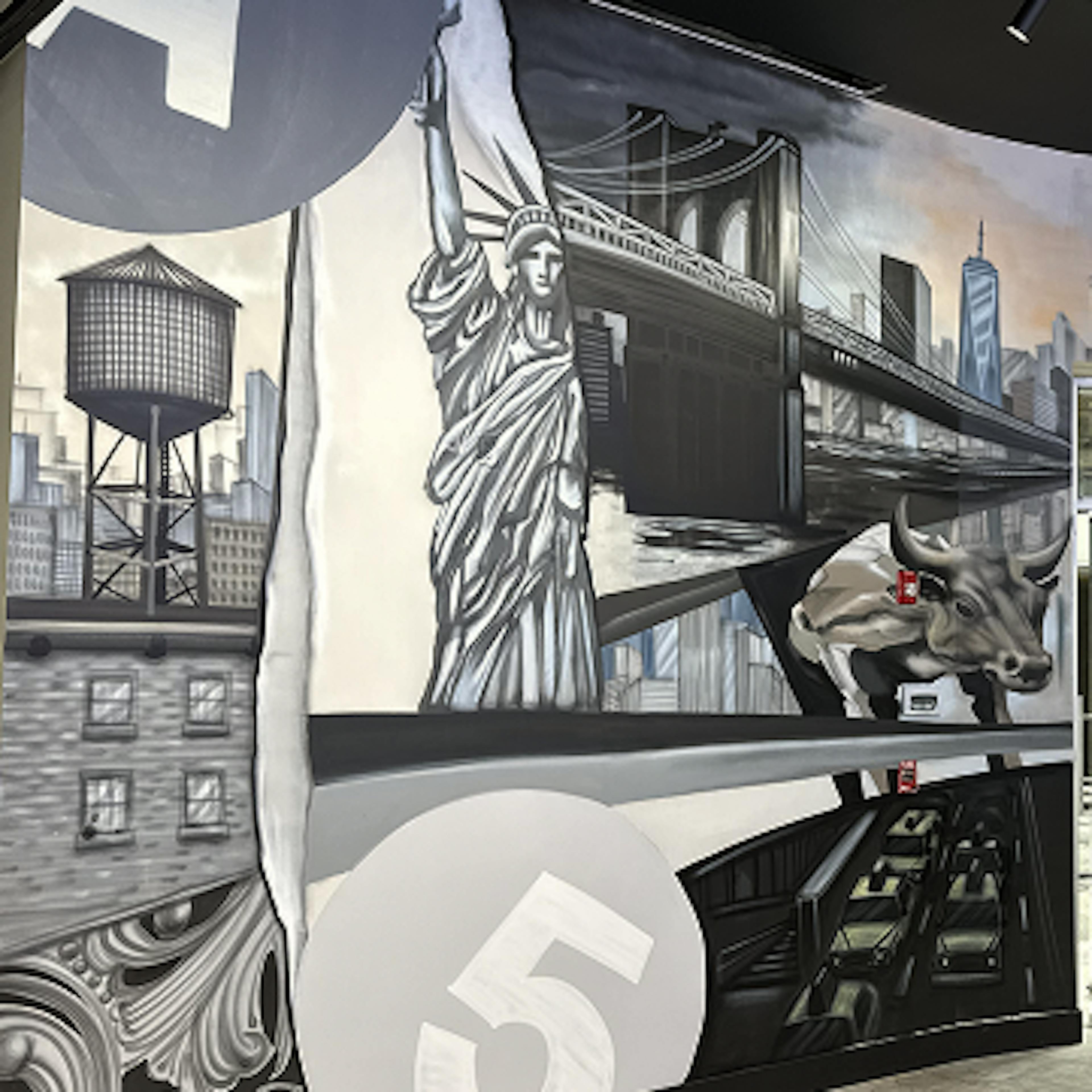 A large, black-and-white mural on a dispensary wall depicting iconic New York City landmarks including the Statue of Liberty, Brooklyn Bridge, Wall Street bull, and water towers. The artwork surrounds a glass exit door with reflections of the urban street scene outside.