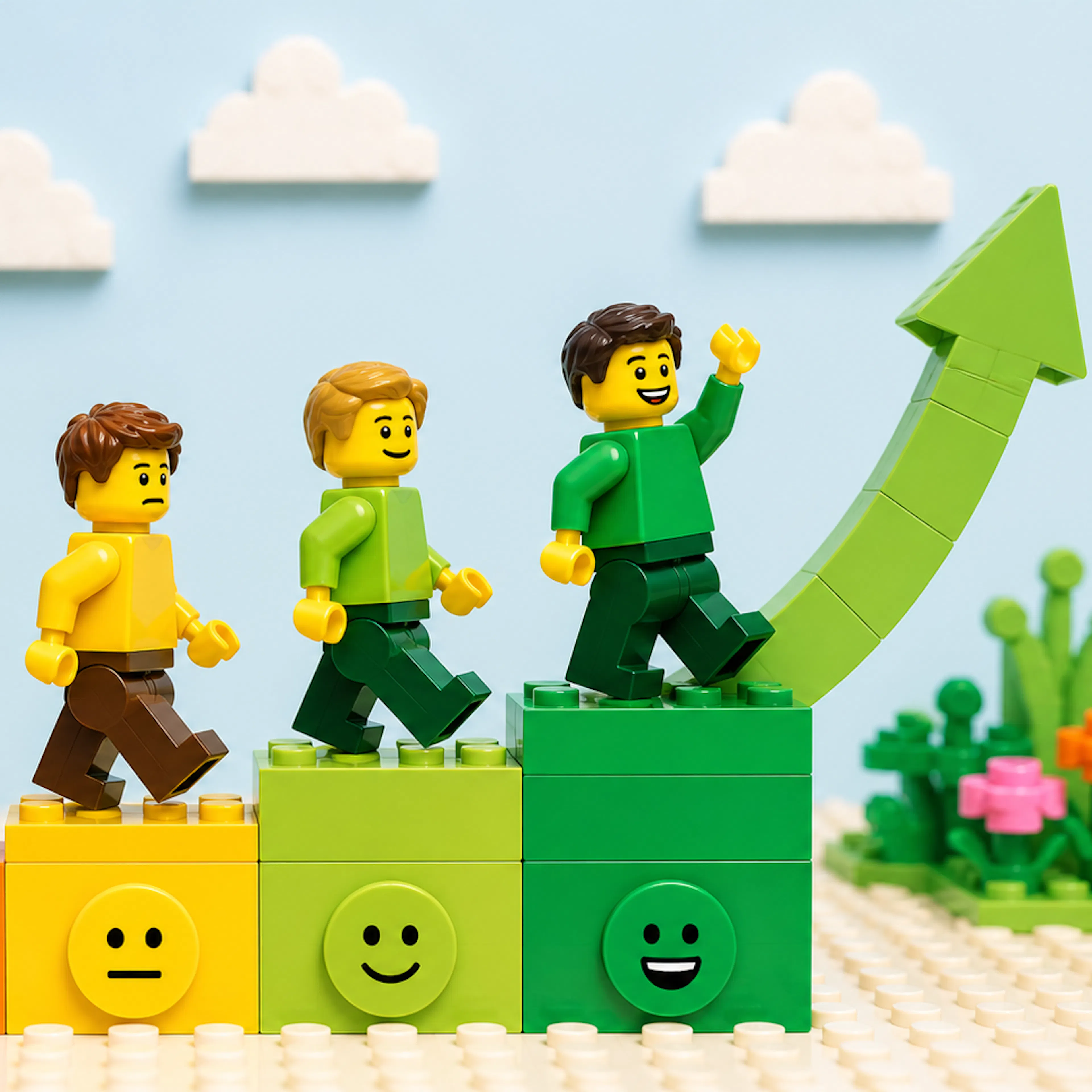 Fem legofigurer i en trappa där den första är arg och den sista glad. 