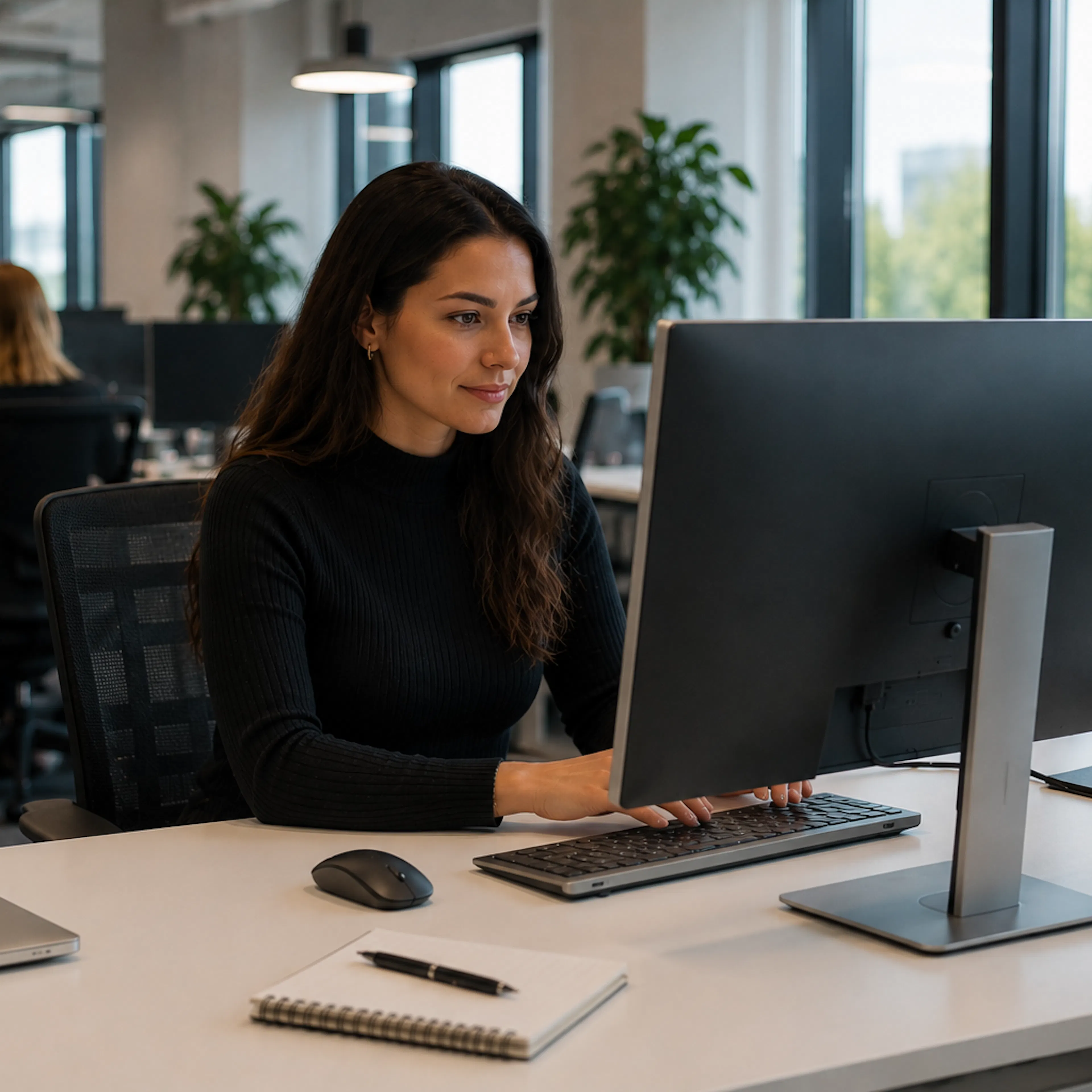 Kvinna i svart tröja, långt mörkt hår sitter framför en datorskärm.