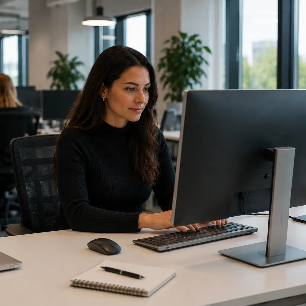 Kvinna i svart tröja, långt mörkt hår sitter framför en datorskärm.