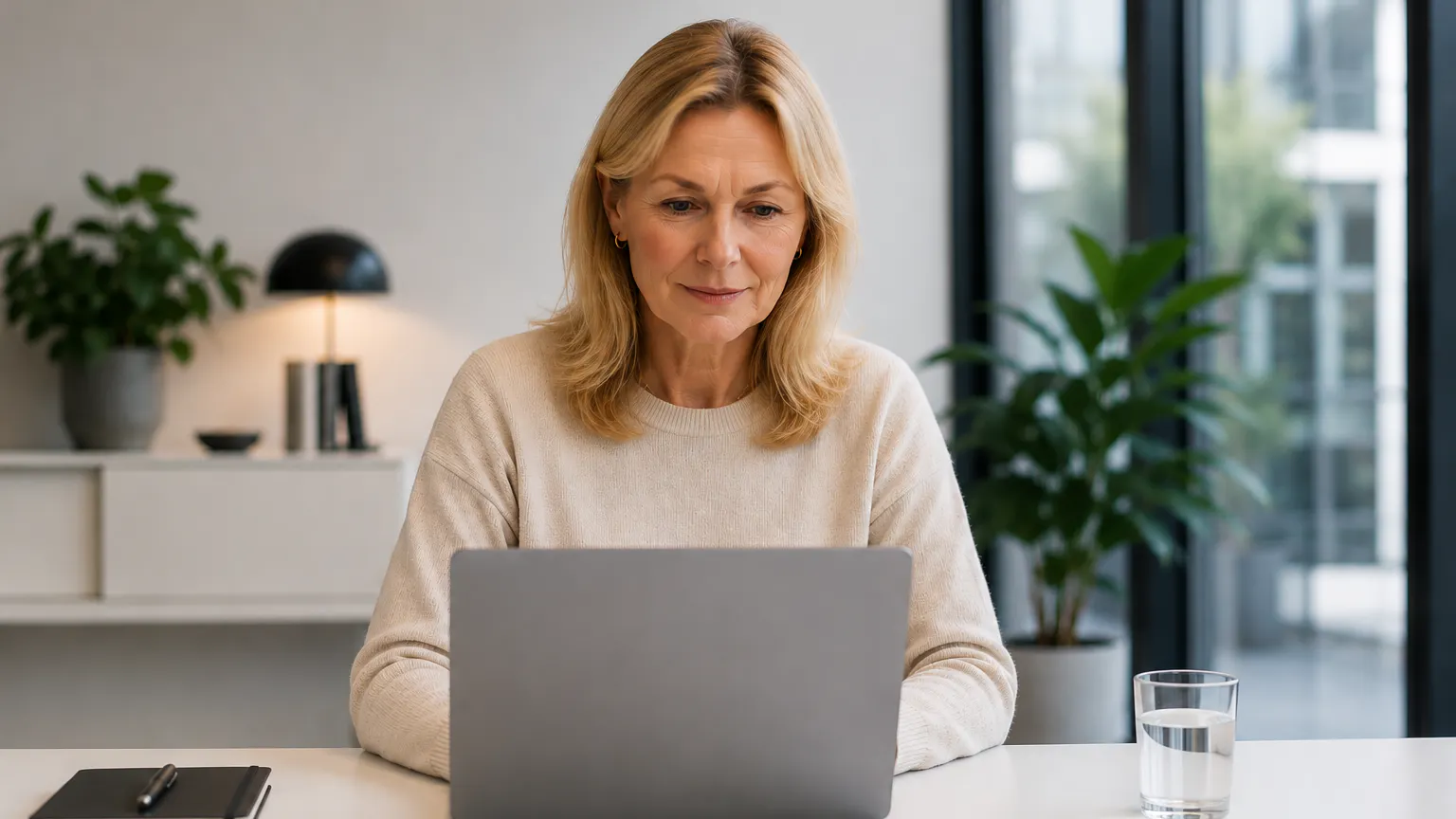 Kvinna i ljus tröja som sitter vid en laptop.