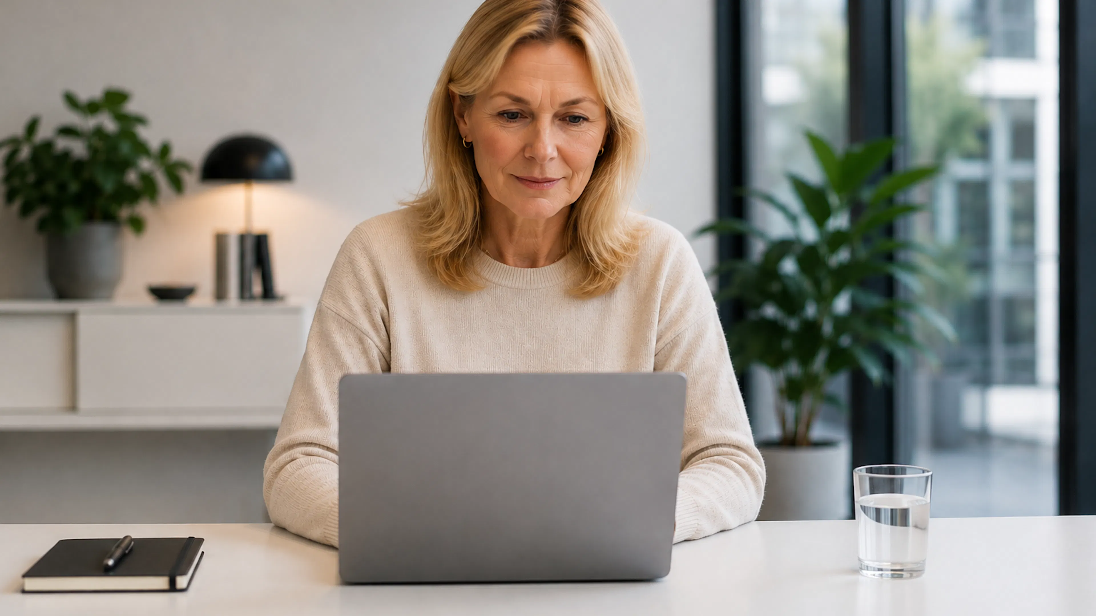 Kvinna i ljus tröja som sitter vid en laptop.