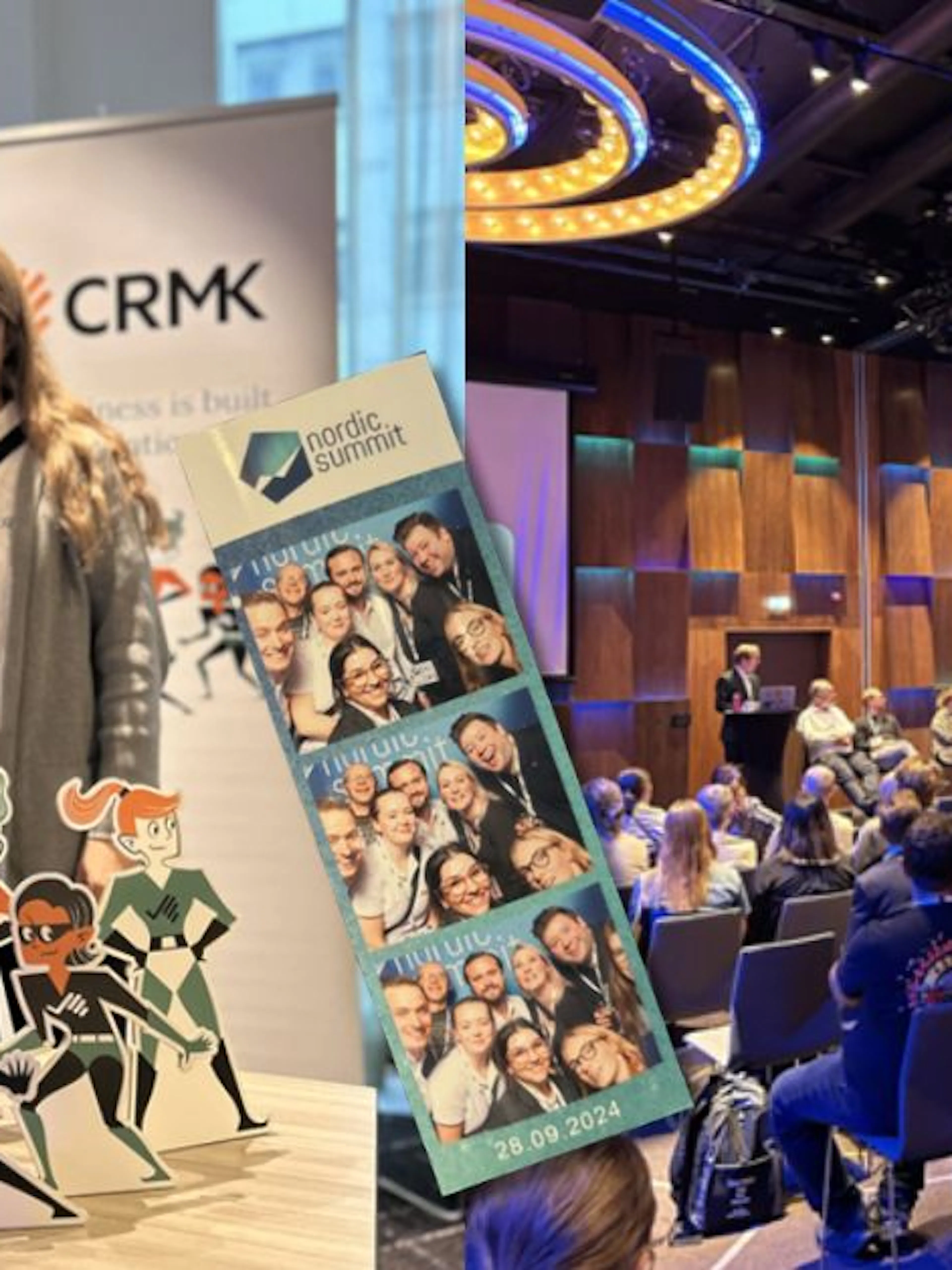 två kvinnor på event och ett full rum som lyssnar på en talare