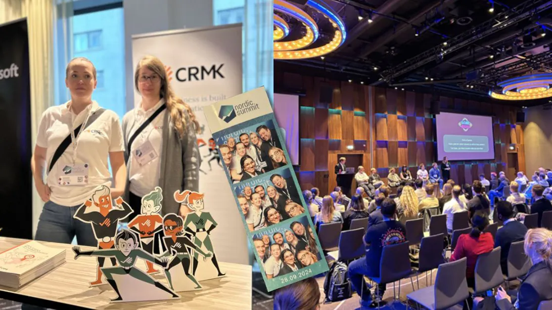 två kvinnor på event och ett full rum som lyssnar på en talare
