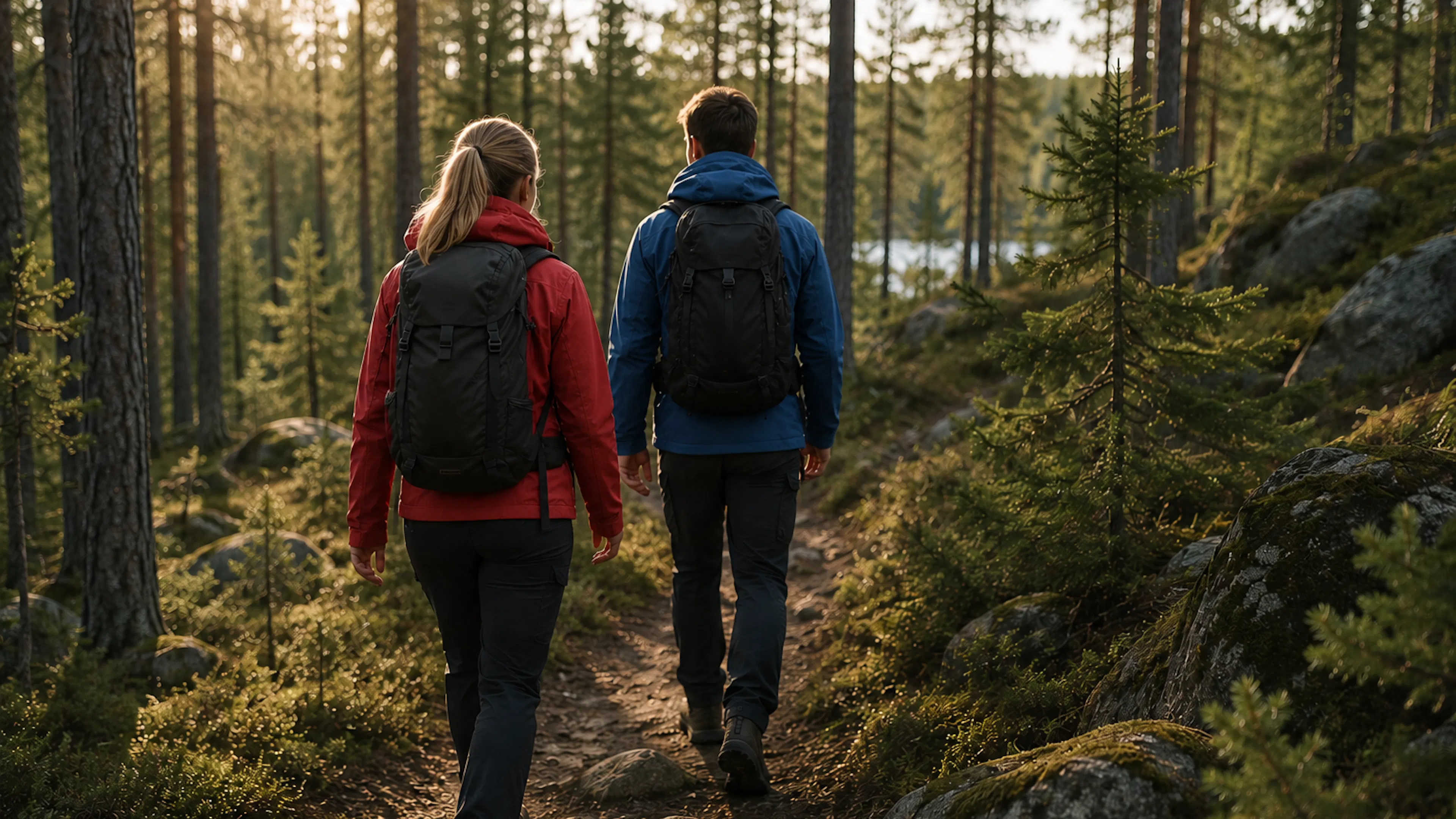 Kvinna i röd jacka, man i blå jacka som promenerar i en barrskog.