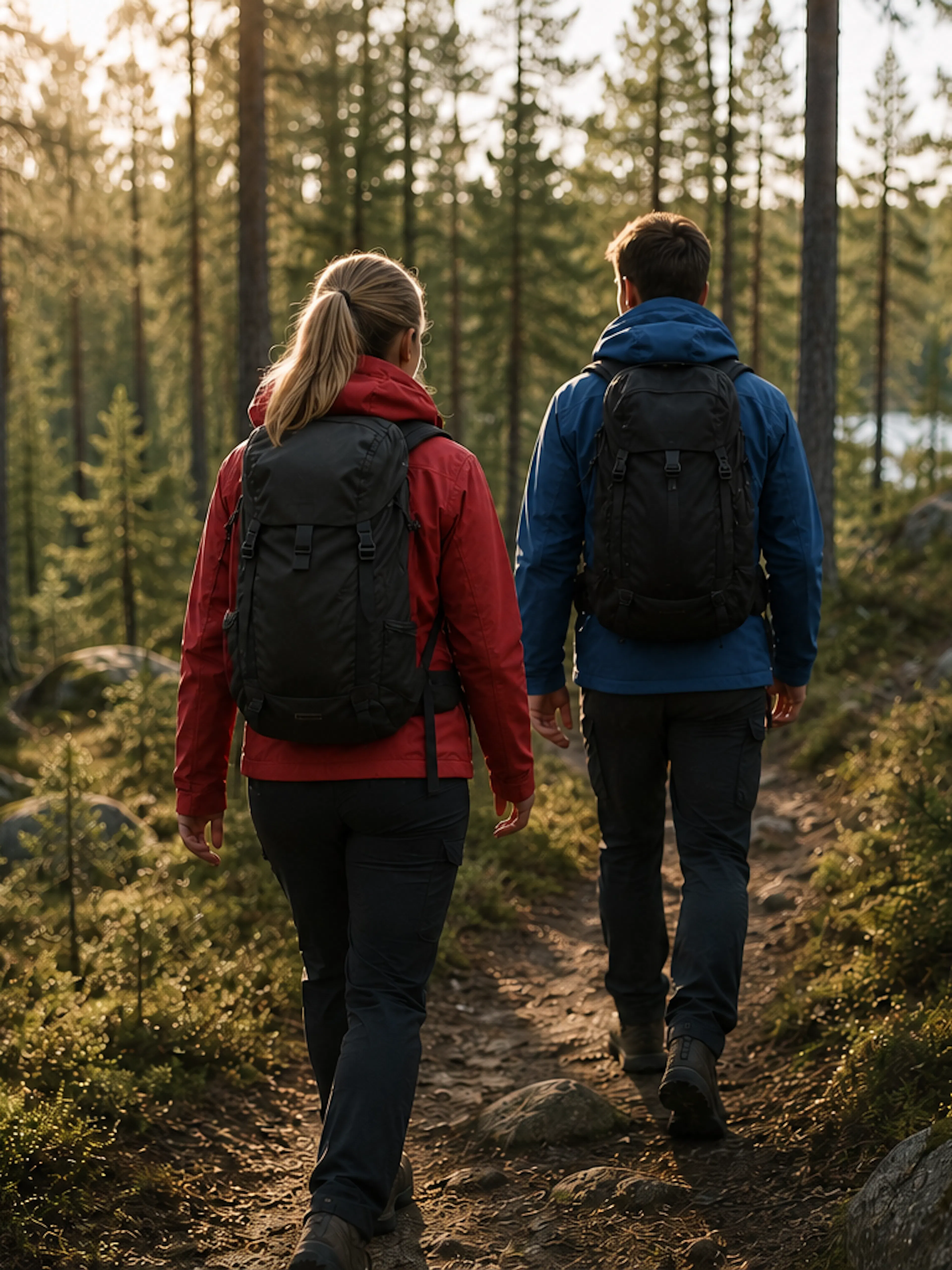 Kvinna i röd jacka, man i blå jacka som promenerar i en barrskog.