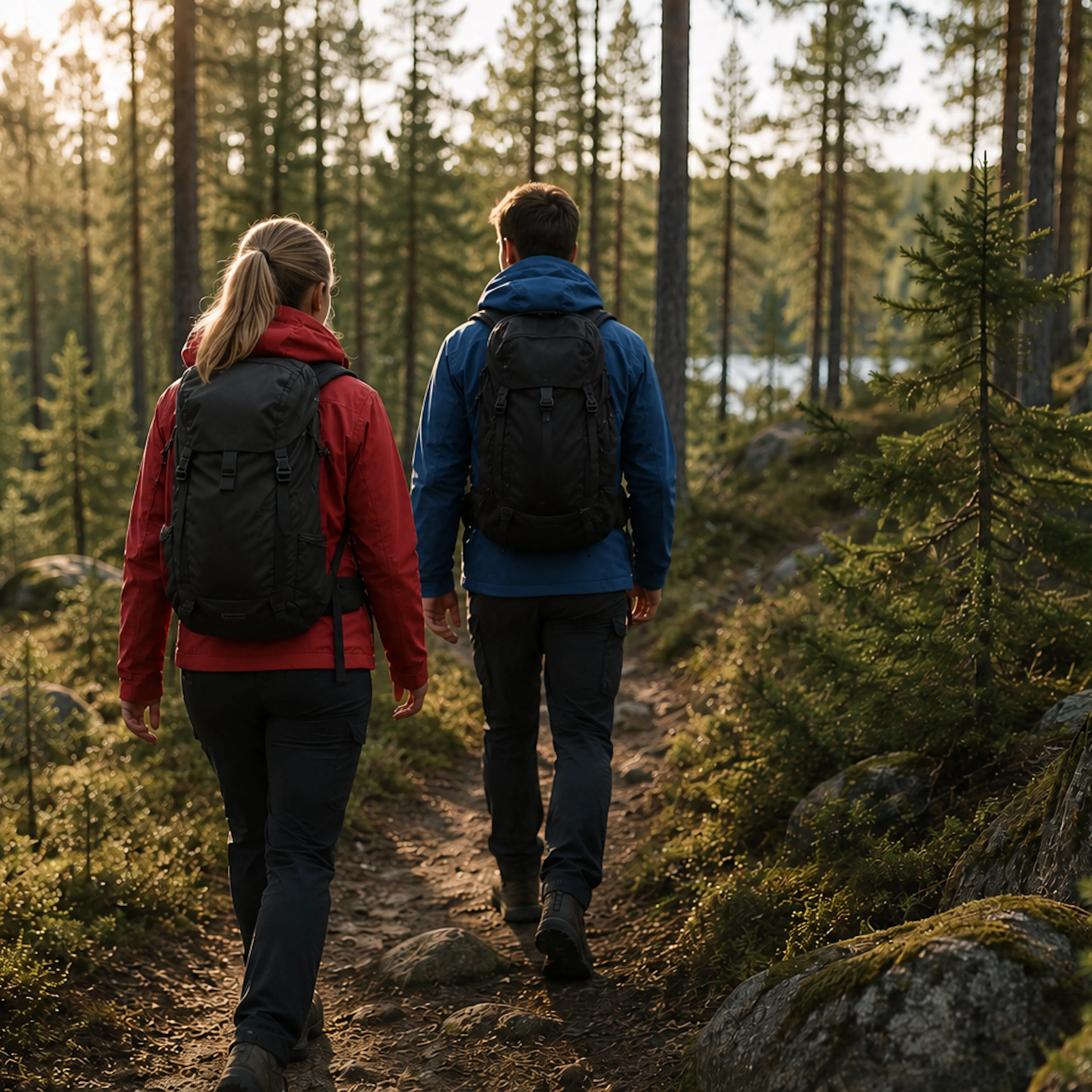 Kvinna i röd jacka, man i blå jacka som promenerar i en barrskog.