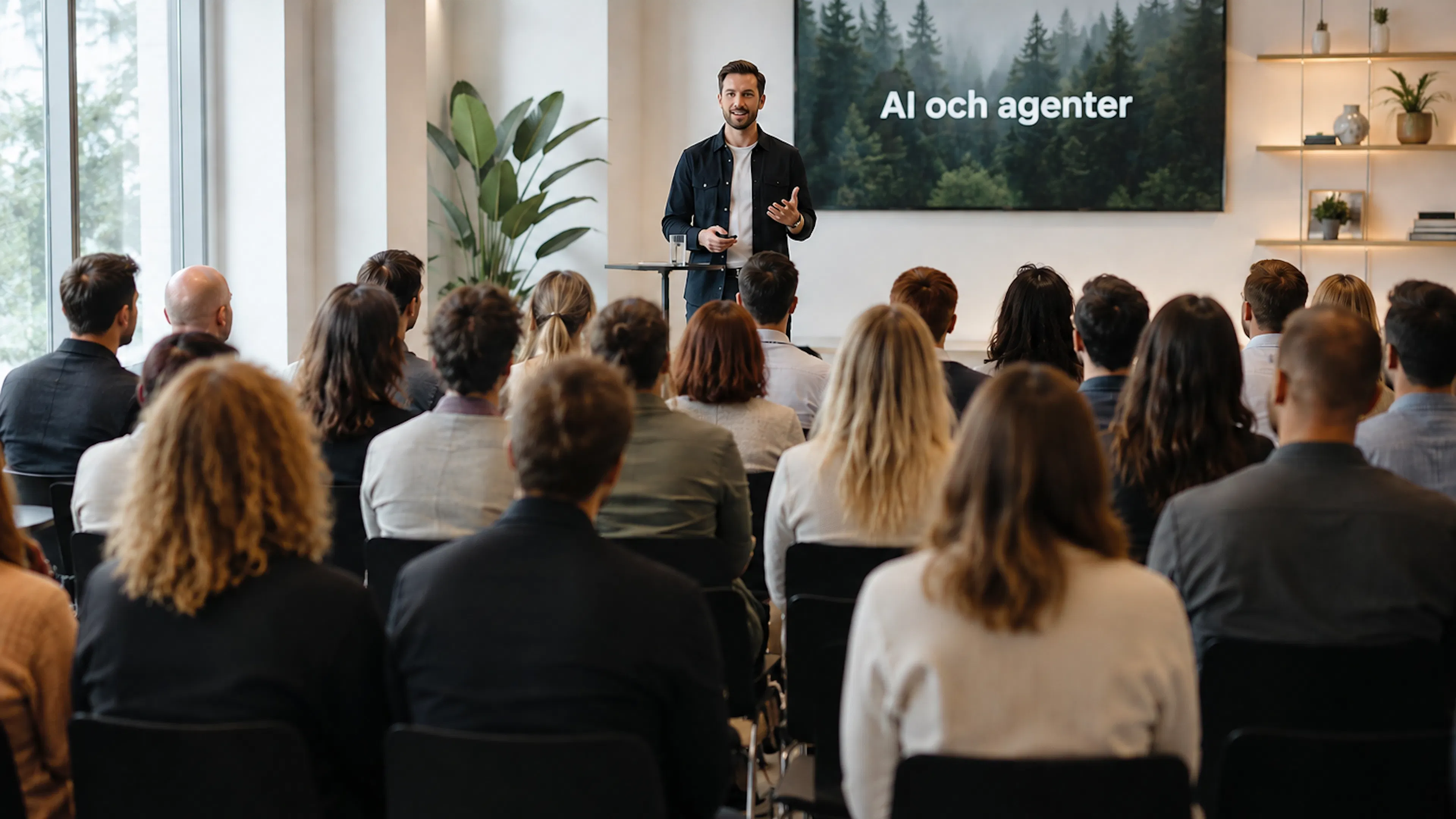 Grupp människor som sitter i ett rum framför en talare med en digital skärm.