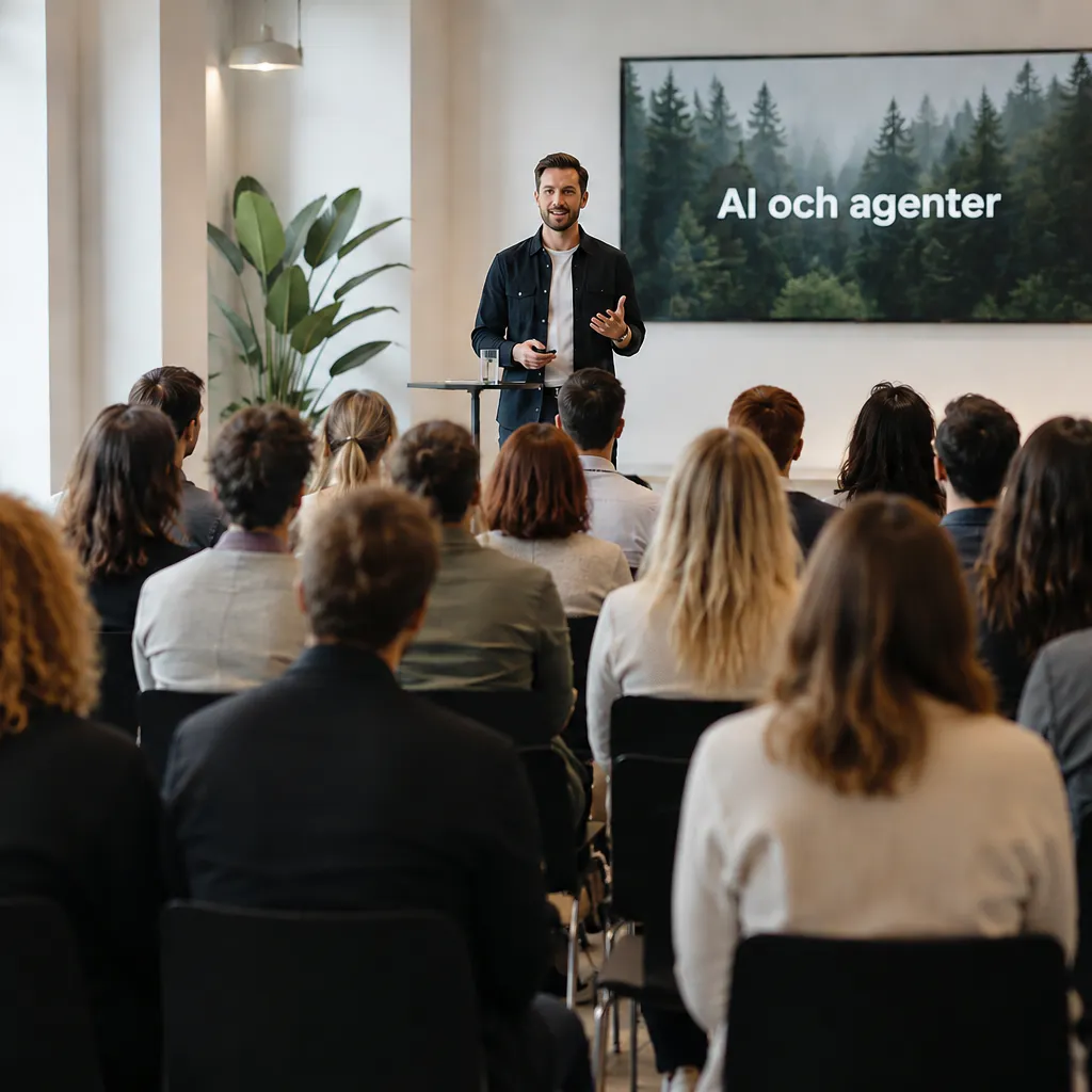Grupp människor som sitter i ett rum framför en talare med en digital skärm.