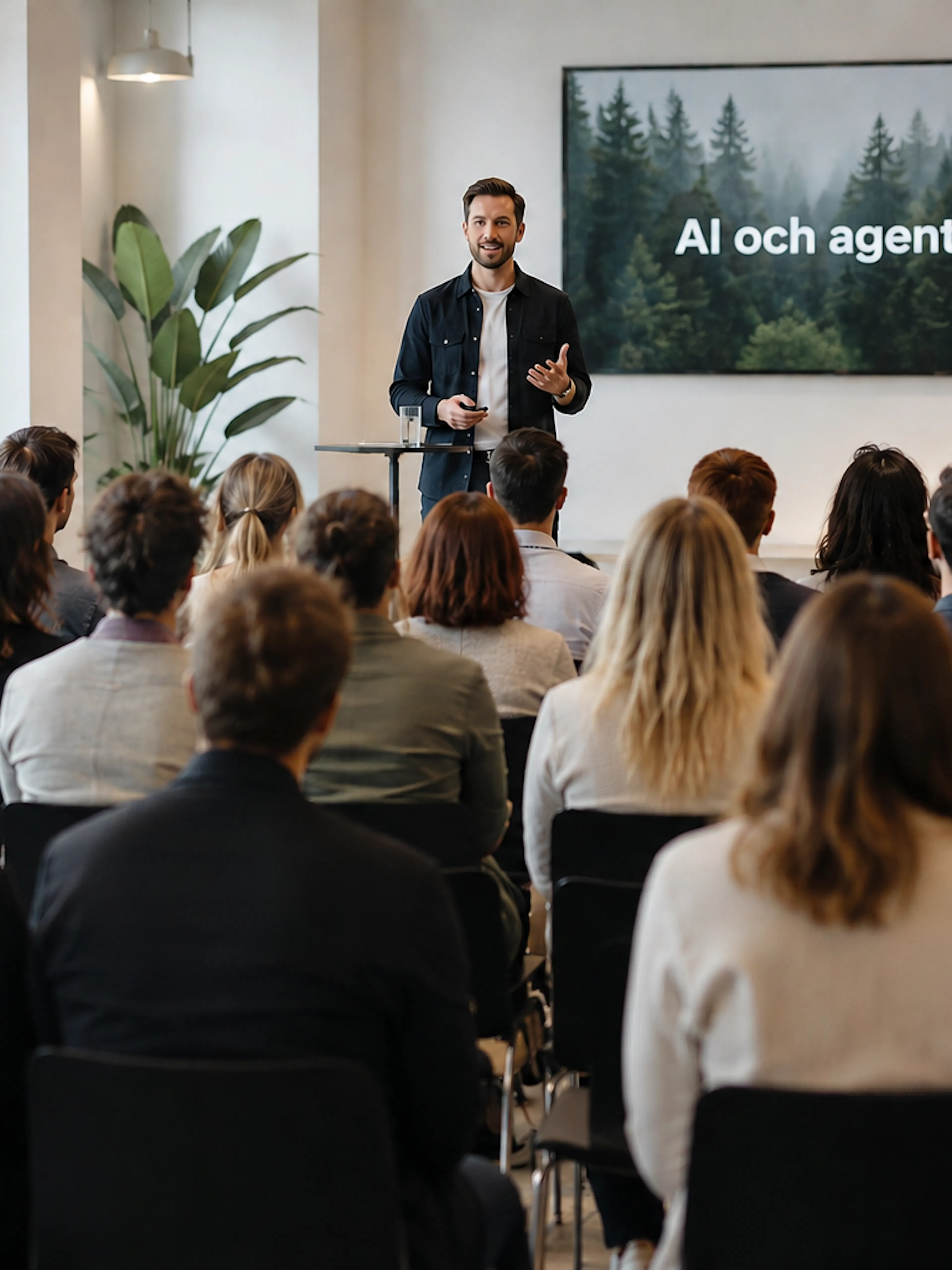 Grupp människor som sitter i ett rum framför en talare med en digital skärm.