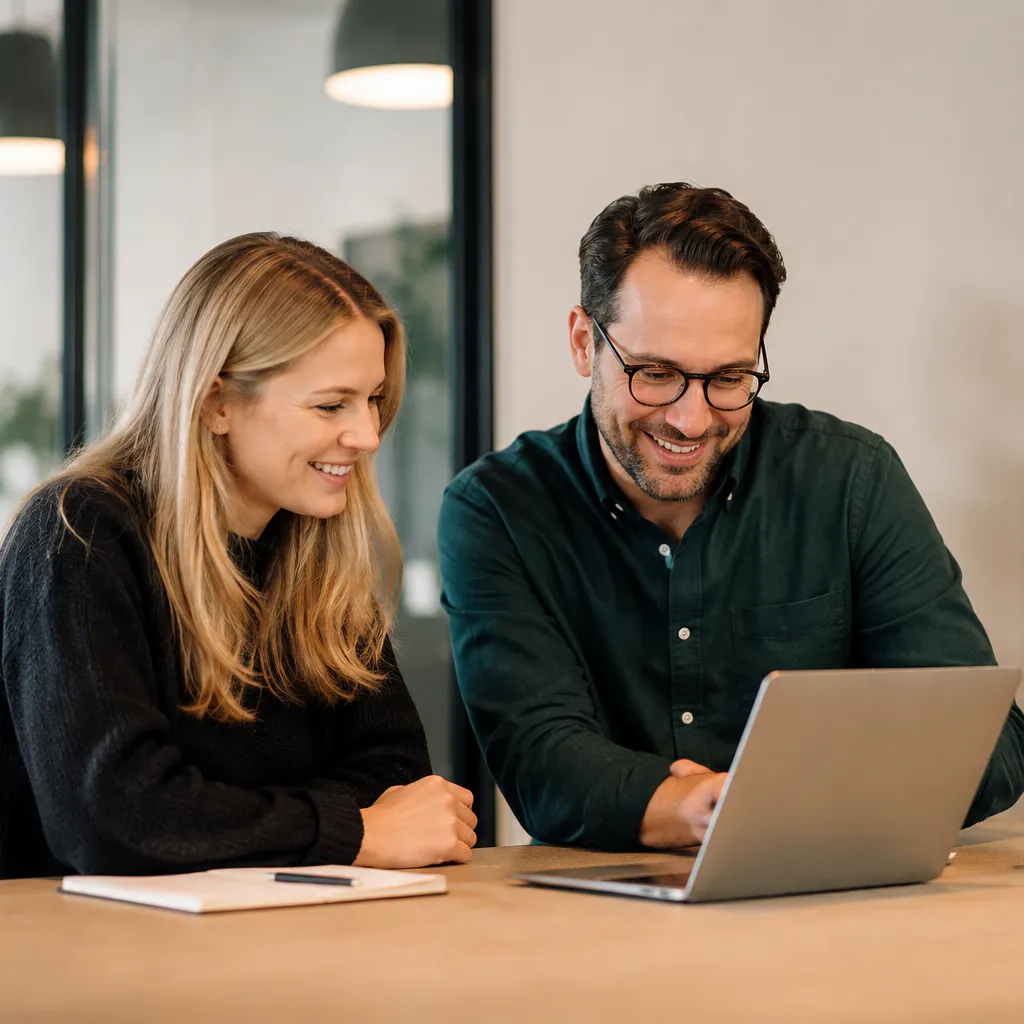 Två personer som tittar på en laptop