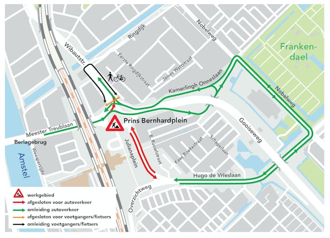 Tekening tijdelijke omleiding Prins Bernhardplein - Amstelstation -Julianaplein