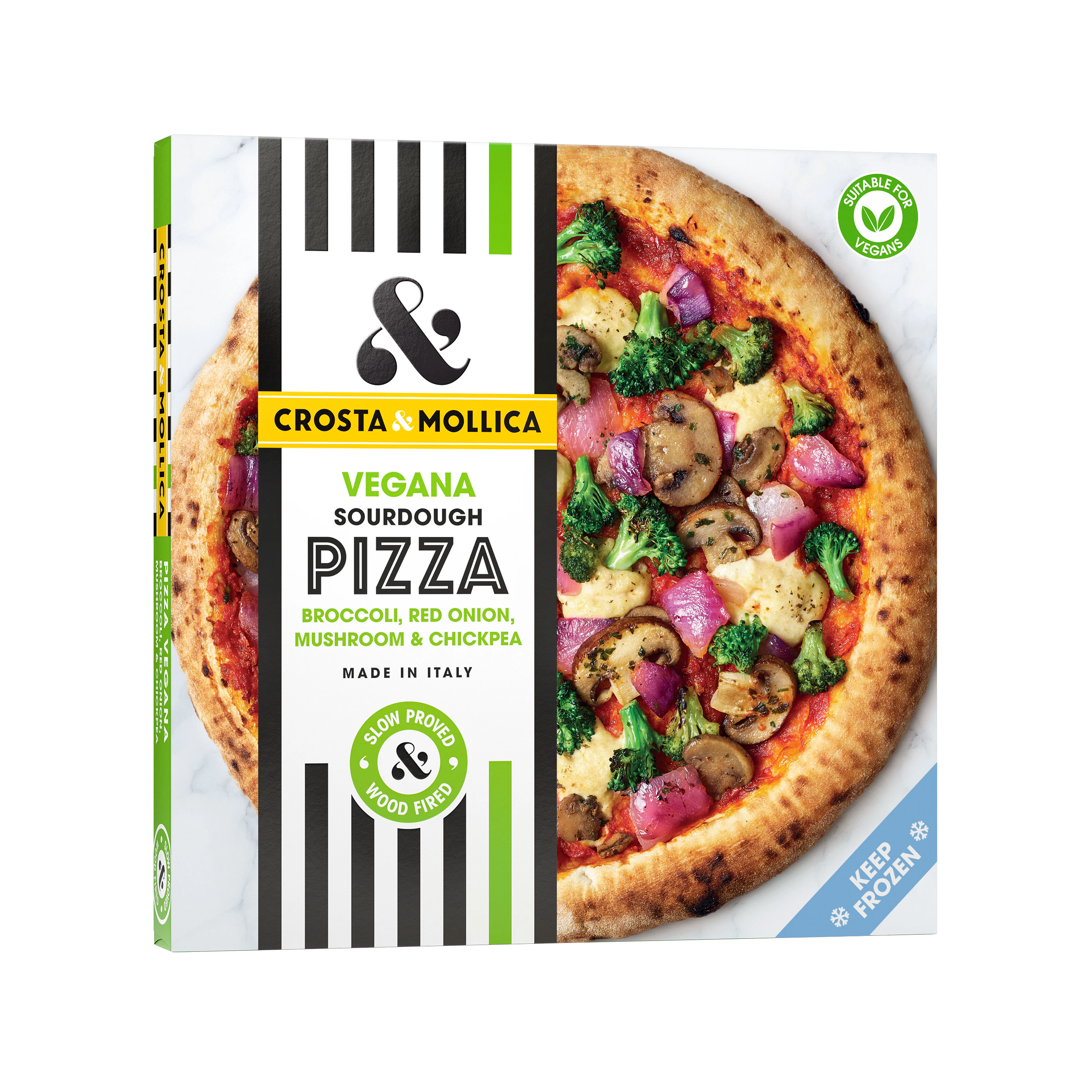 A Vegana packaging box with green and black stripes and a picture of a pizza on it.