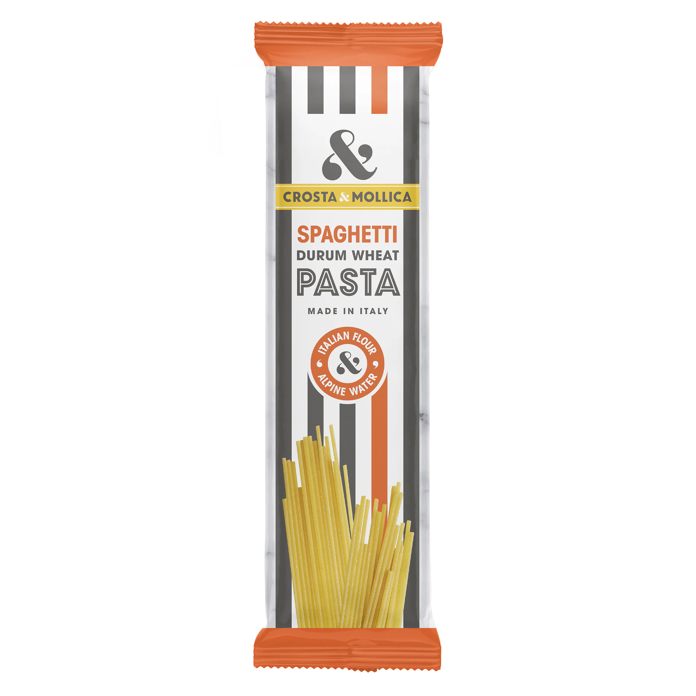 A rectangular paper bag of spaghetti with orange and black vertical stripes running down the front of the bag.