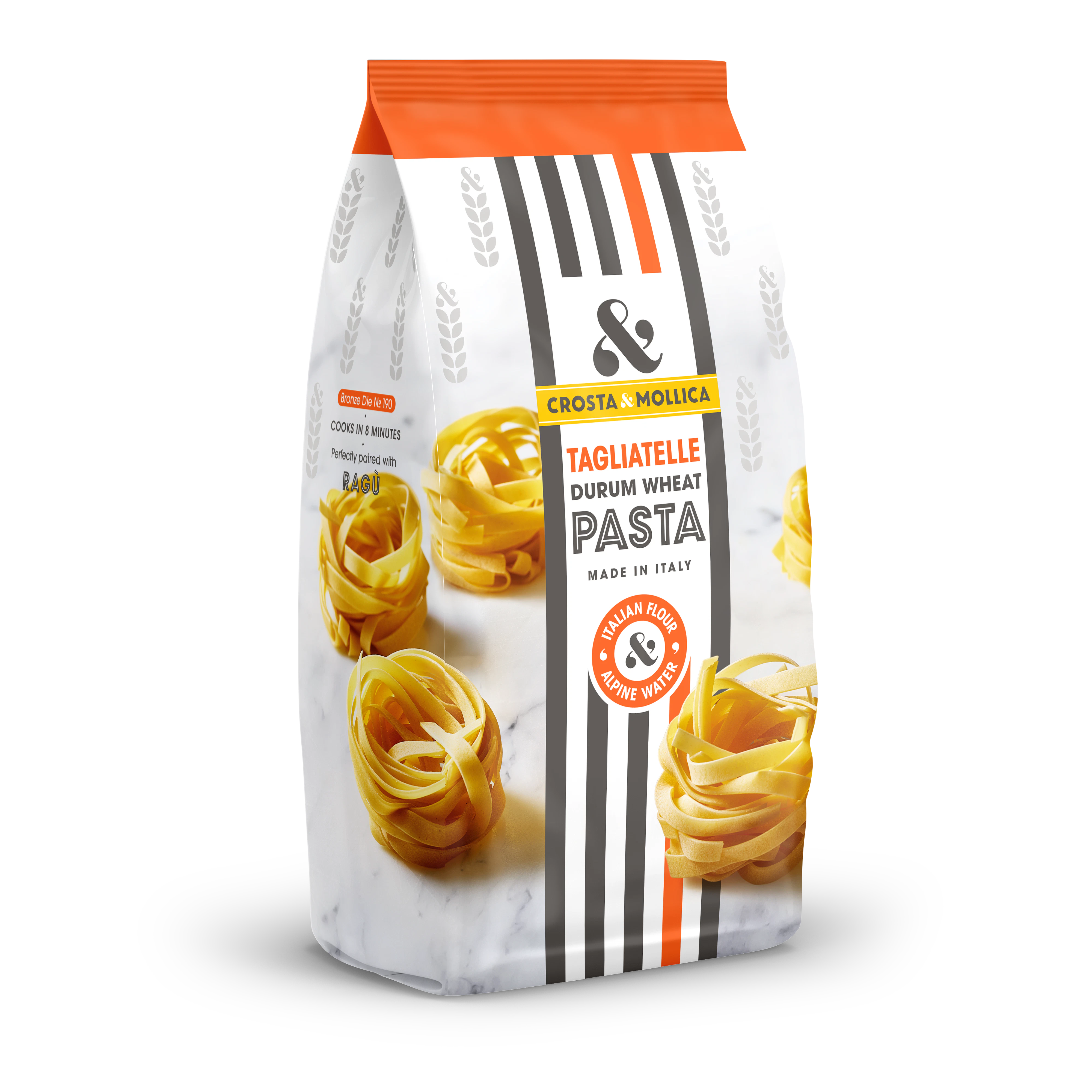 A paper bag or Tagliatelle pasta. The bag has a marble pattern on it with images of dried nests of tagliatelle. Orange and black vertical stripes run down the front of the bag as a label.