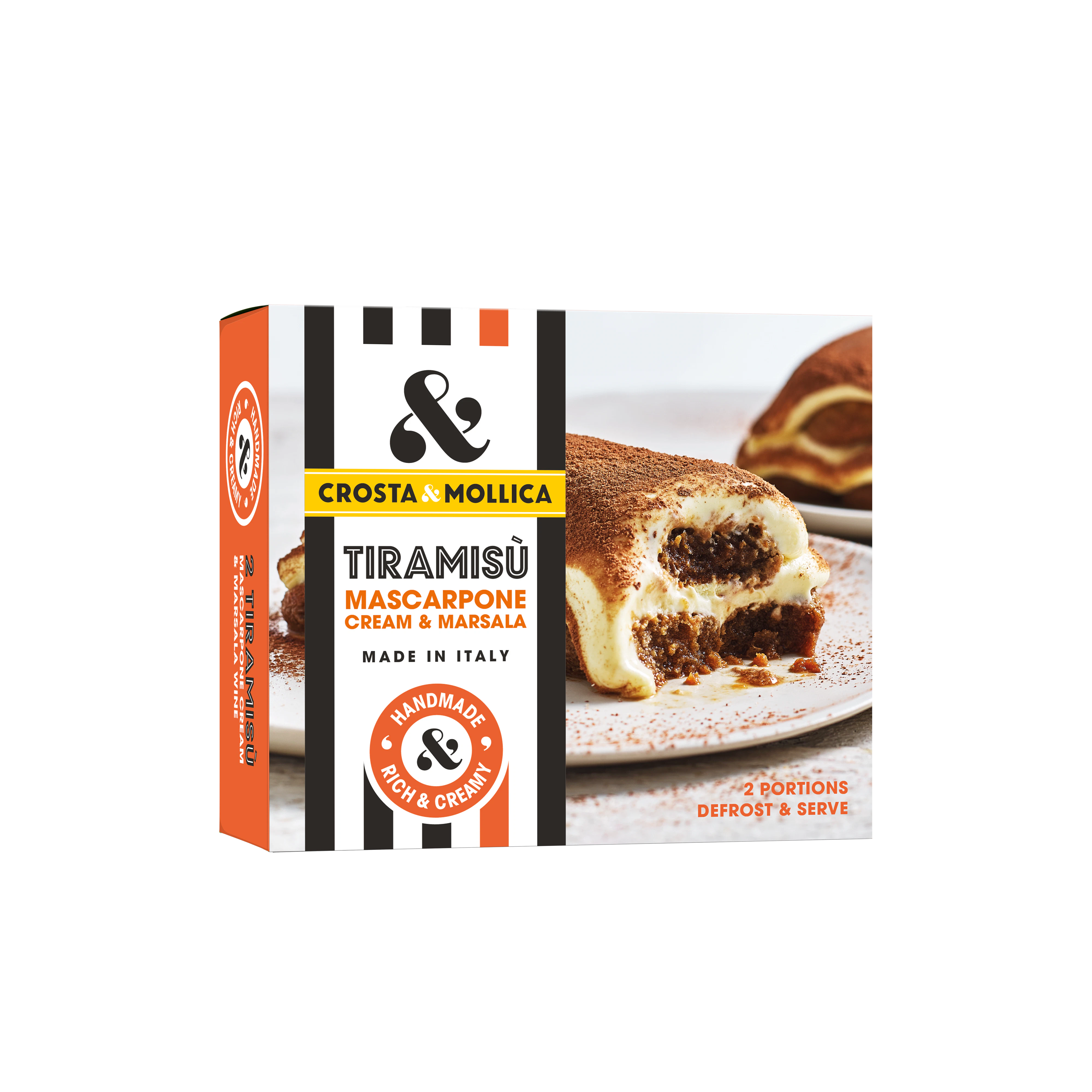 Tiramisù packaging box with orange and black stripes on it