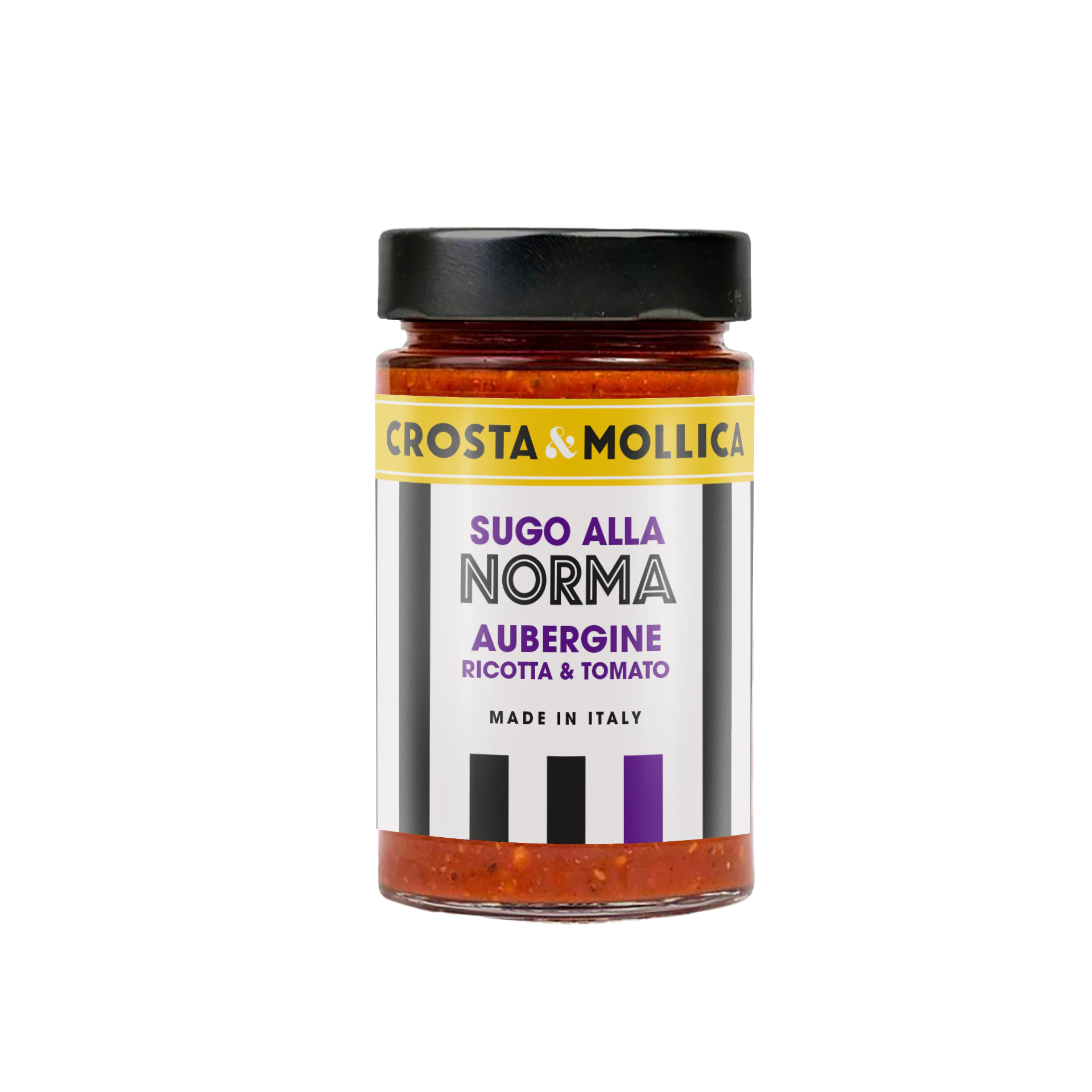 A jar of Sugo alla Norma, the label has white and black vertical stripes running down it and a black lid.