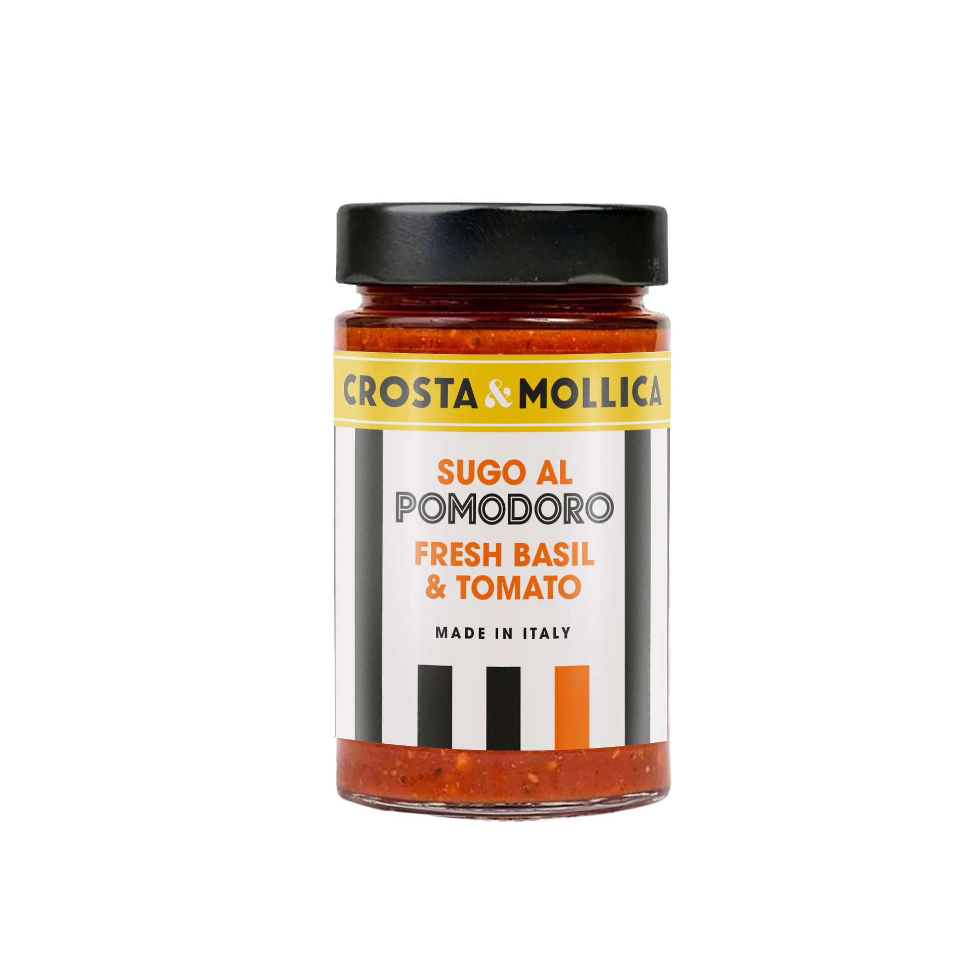 A jar of Sugo al Pomodoro, the label has white and black vertical stripes running down it and a black lid.