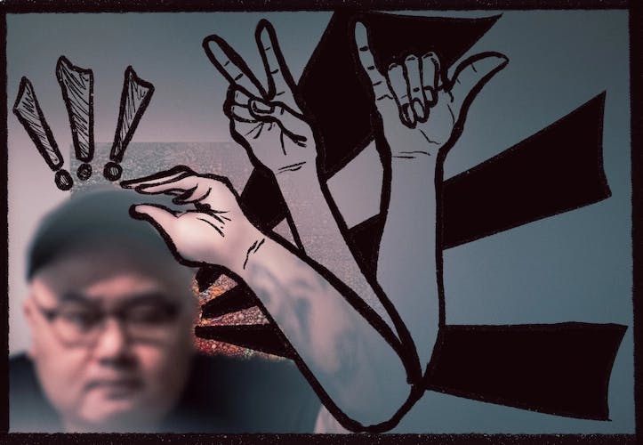 Picture of Daniel with illustrated exclamation points and hands doing different gestures.